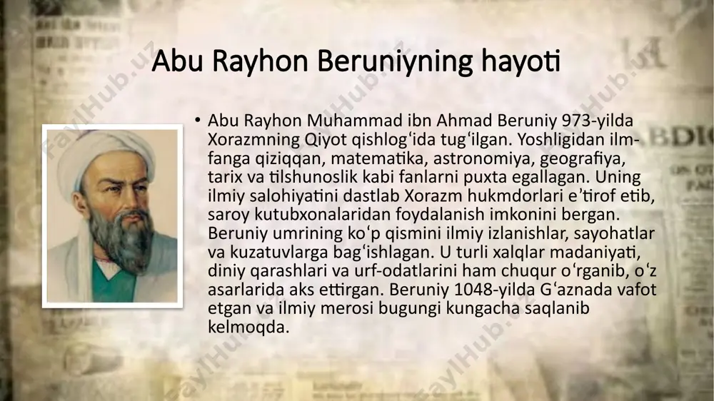 lar” va “hindiston” kabi asarlari turli xalqlarning tarixiy taraqqiyoti, madaniyati, diniy e’tiqodlari va urf-odatlarini ilmiy asosda tahlil qilganligi bilan ajralib turadi. beruniyning tarixga yondashuvi ilmiy kuzatuv, solishtirish va tahlil metodlariga asoslangan bo‘lib, bu uslub keyingi davr tarixshunosligining rivojlanishiga zamin yaratdi. bugungi kunda ham uning merosi tarix, etnografiya va madaniyatshunoslik fanlari uchun bebaho manba hisoblanadi. shunday qilib, beruniy nafaqat o‘z davri, balki butun insoniyat ilm-fani uchun abadiy qadriyat bo‘lib qolmoqda. foydalanilgan adabiyotlar beruniy a.r. qadimgi xalqlardan qolgan yodgorliklar. – toshkent: fan, 1968. beruniy a.r. hindiston. – toshkent: fan, 1973. abdug‘afurov a. abu rayhon beruniy hayoti va ilmiy merosi. – toshkent: o‘zbekiston, 1997. karimov b. beruniy va sharq uyg‘onishi davri ilm-fani. – toshkent: universitet, 2005. axmedov a. o‘zbek allomalari merosi. – toshkent: sharq, 2010. rasulov x. markaziy osiyo olimlari va ularning ilmiy kashfiyotlari. – toshkent: fan va texnologiya, 2015. unesco. abu rayhan al-biruni: his contribution to science and culture. – paris, 2001. …