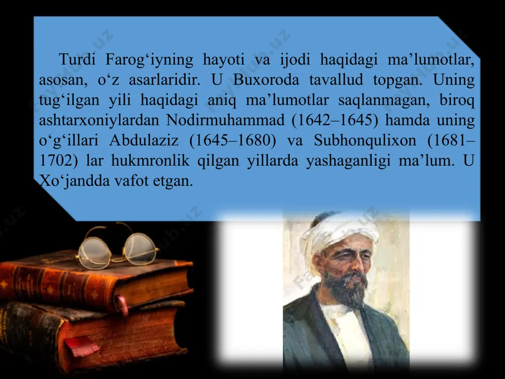 etmakni ko‘tahlik qiling. mardlar maydon chekib, rangin ko‘tarib zaxmlar, sizga yo‘q ul javhar-u yuzga upo-englik qiling. turdi yashagan davrda, ya’ni xvii asrning ikkinchi yarmida ijtimoiy hayotidagi muammolar avj nuqtasiga chiqqan, mamlakatda ichki nizolar kuchayib, amaldorlar orasida ham kin-u nifoq nihoyatda kuchayib ketgan edi. turdi barcha amaldorlarning kibr-u havolarni yig‘ishtirib, o‘zaro ahil va hamjihat bo‘lib yashashga undaydi: tor ko‘ngulluk beklar, man-man demang, kenglik qiling, to‘qson ikki bovli o‘zbak yurtidur, tenglik qiling. shu baytning o‘zidayoq beklarning «tor ko‘ngulluk», «man man», o‘zaro murosasiz ekanligi ko‘rsatib o‘tilgan. shuning uchun ularni biroz kengroq bo‘lishga, ahil va hamjihat bo‘lib yashashga undash ohanglari ustuvor darajaga ko‘tarilgan. turdi o‘zbek urug‘larini yaxshi biladi, ularning har biri alohida-alohida (92 ta) nom bilan yuritilsa-da, aslida, ularni «o‘zbek» degan nom birlashtirib turishi kerak edi. keyingi baytda alohida-alohida urug‘ nomlarining o‘zaro ziddiyat va ayirmalarga asos bo‘lmasligigi e’tibor tortiladi: birni qipchoq-u xitoy-u, birni yuz, nayman demang, qirq-u yuz, ming son bo‘lub, bir xon oyinlik …