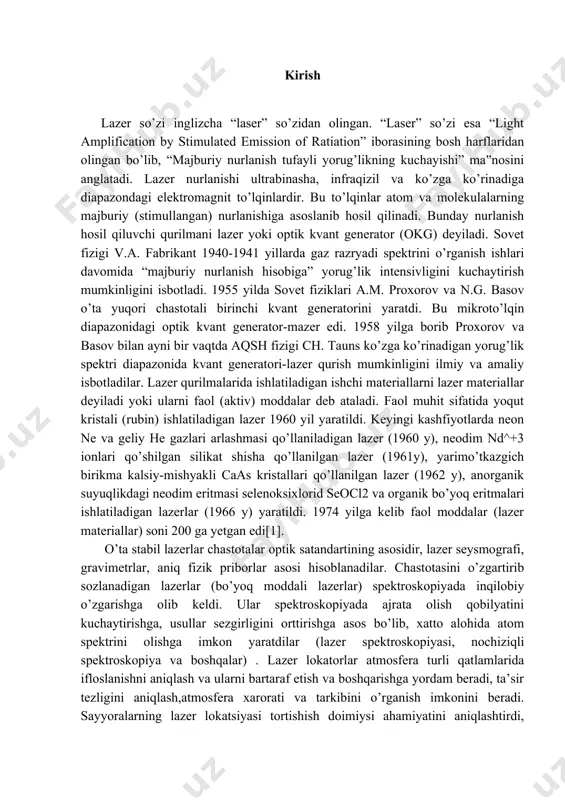 i. lazer nurlanishi qishloq xo’jaligi zarakunandalariga qarshi kurashishida, geologik izlanishlarda, avtomatik boshqaruv ishlarida, sanoatda avtomatik nazorat ishlarida (detallarni sanash), jismlar sirtinishikastsiz nazorat qilishda keng qo’llanilmoqda. shuningdek,lazerlar tibbiyotda qo’llanila boshlandi. kvant generatorlarini odamlarni davolashda qo'llash haqida gap ketganda, leon goldmanni eslamaslik mumkin emas. u lazer tibbiyotining "otasi" sifatida tanilgan.birgalikda radiatsiya manbai ixtiro qilinganidan bir yil o'tgach, goldman uni teri kasalliklarini davolashda qo'llagan birinchi tadqiqotchi bo'ldi. olim tomonidan qo'llanilgan usul lazer dermatologiyasining keyingi rivojlanishiga yo'l ochdi.uning 60-yillarning o'rtalarida olib borgan tadqiqotlari retinali jarrohlikda yoqut kvant generatorini ishlatishga va kogerent nurlanishning terini bir vaqtning o'zida kesib tashlash va qon tomirlarini muhrlash, qon ketishini cheklash kabi kashfiyotlarga olib keldi.faoliyatining katta qismini cincinnati universitetida dermatolog sifatida o'tkazgan goldman amerika tibbiyot va jarrohlik sohasida lazerlar jamiyatiga asos soldi va lazer xavfsizligi uchun asos yaratishga yordam berdi[2] kurs ishining maqsadi: lazer fizikasi fani bo’yicha nazariy bilimni oshirish va amaliy ko’nikmalar hosil qilish. kurs ishining dolzarbligi: bo’lаjаk fizikа …