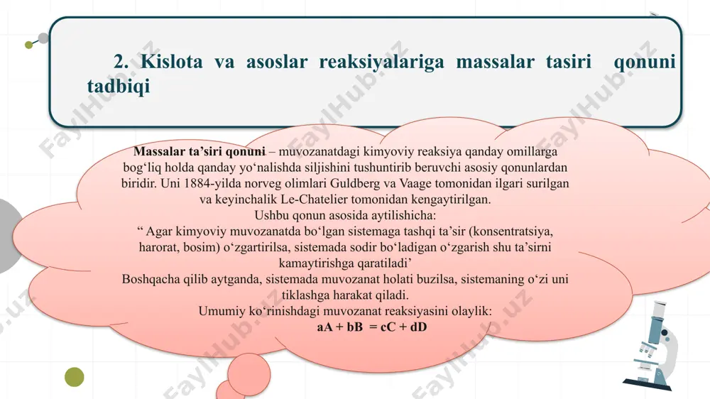 eb qarash mumkin. bufer eritmalar qatoriga ammiakli (nh4cl+nh3), atsetatli (ch3cooh+ch3coona), karbonatli (na2co3+nahco3) va boshqa bufer sistemalar kiradi. bufer aralashmaga biror kislota yoki ishqordan oz miqdorda qo‘shilsa, vodorod va gidroksil ionlari o‘zaro ta’sirlashadi va kuchsiz elektrolit hosil bo‘ladi. masalan, ch3cooh + ch3coona ga kislota qo‘shilsa, kislota ch3coona bilan reaksiyaga kirishadi: ch3coona + hcl = ch3cooh + nacl, agar unga ishqor qo‘shilsa, ishqor ch3cooh bilan ta’sirlashadi: ch3cooh + naoh = ch3coona + h2o. boshqa bufer aralashmalarga kislota yoki ishqor qo‘shilganda ham xuddi shunga o‘xshash reaksiyalar amalga oshadi xulosa ushbu kurs ishida kislota va asoslar eritmalarida muvozanat jarayonlari umuman olganda, kislota va asoslar eritmalarida muvozanat masalalarini o‘rganish kimyoviy reaksiya muvozanati tushunchasini kengaytiradi va amaliyotda turli analitik usullarni (masalan, titrlash, tampon eritma tayyorlash, ph nazorati) to‘g‘ri qo‘llash uchun zarur nazariy asoslarni yaratadi nazariy va amaliy asoslarini xulosa qilishimiz mumkin. e’tiboringiz uchun rahmat! image1.png image2.png image1.jpeg