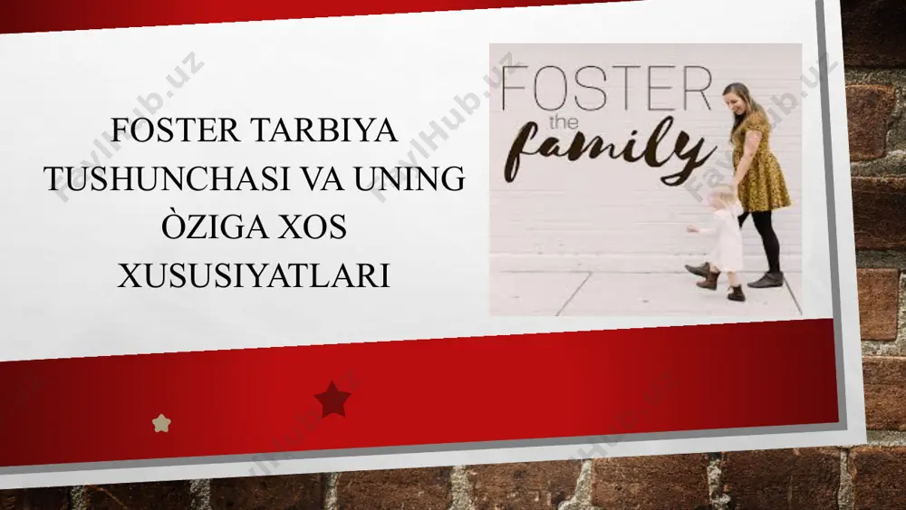 uchun imkon qadar tezroq yangi oila topishdir. amerka qo’shma shtatlarda yetim bolalarni tarbiyalashning asosiy shakli - homiylik ostidagi oila (inglizcha foster - ta’lim berish, g’amxo’rlik qilish, tarbiyalash, rivojlantirish). uning mohiyati quyidagicha: ota-ona qaramog’isiz qolgan bola uni tarbiyaga olishga tayyor bo’lgan “o’rnini bosuvchi” oilaga aylanadi. ammo, eng muhimi, homiylik ostidagi oilaning vazifasi bolani oilada tarbiyalash uchun sharoit yaratishdir sharqiy yevropa mamlakatlarida hamma narsa biroz boshqacha - polsha, ruminiya, bolgariya, moldova munosib miqdordagi mehribonlik uylari va boshpanalari bilan “maqtanishi” mumkin. mehribonlik uylari va boshpanalarga oilalardagi shart-sharoitlari buzilgan, ichkilikbozlikka ruju qo‘ygan, farzandlariga eʼtiborsiz munosabatda bo‘lgan va ota-onalik huquqidan mahrum etilgan bolalar qabul qilinadi. ushbu mamlakatlardagi mehribonlik uylarida tarbiyalanayotgan bolalarni davlat homiylik ostidagi oilalar (foster - oila)ga joylashtiriladi. bola taxminan ikki yil davomida bunday oilada yashaydi, bolaning biologik ota-onalari o‘z shaxsiy muammolarini hal qilishadi va birlashishga tayyorgarlik ko‘rishadi. bu vaqt ichida bola ota-onasi bilan uchrashadi va ular bilan muloqot qiladi, lekin uni homiylik ostidagi …