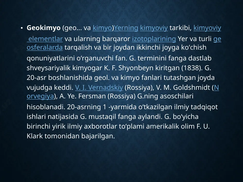 eruvchan), neytral (sof holda), galogen o fi l (xlor va yod bilan) guruhlariga boʻlinadi. amerika olimlari oydagi togʻ jinsida oz miqdorda ai, cd, zn, ag, br, bi, te, so, si, ga, pd, rb, cs kimyoviy elementlari borligini radiokimyoviy neytron-aktivatsiya usuli bilan aniqlashgan. bularning tarqalish qonuniyatlari yer kurrasining ichki va tashqi tuzilishi bilan chambarchas bogʻliq. yer kurrasi bir necha qavat — geosferalardan iborat: 1) tashqi qavat — atmosfera; 2) gidrosfera; 3) biosfera; 4) litosfera — qattiq jinslar. atmosfera tarkibidagi karbonat angidridi (s02) boshqa elementlar bilan birikib, karbonat jinslarni va minerallarni hosil qilgan. biosferada geokimyoviy jarayonlar tirik organizmlarning bevosita ishtirokida boʻladi. natijada turli xil foydali qazilmalar (neft, gaz, toshkoʻmir, ohaktosh, diatomitlar, oltingugurt, gips, fosforit, temir, marganes va b.) hosil boʻlgan. togʻ jinslarining nurashida ham mikroorganizmlar qatnashadi. litosfera, mantiya va yer yadrosi kimyoviy tarkibi, ularda buladigan kimyoviy, geokimyoviy va geofizik jarayonlariga qarab bir-biridan farqlanadi. yer kurrasining oʻrtacha tarkibini asosan elementlarning davriy sistemasidagi 16 …
