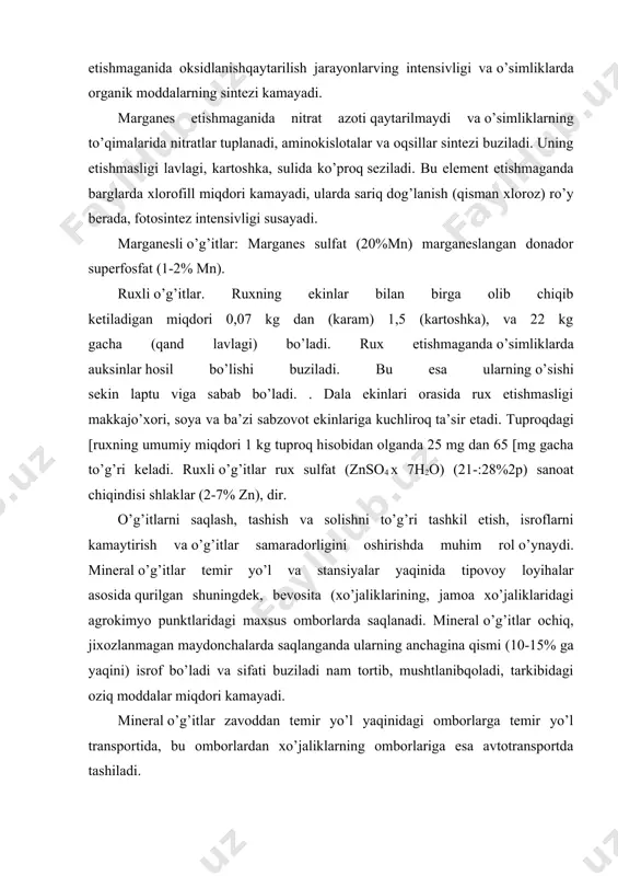 saqlanadi. mineral o’g’itlar ochiq, jixozlanmagan maydonchalarda saqlanganda ularning anchagina qismi (10-15% ga yaqini) isrof bo’ladi va sifati buziladi nam tortib, mushtlanibqoladi, tarkibidagi oziq moddalar miqdori kamayadi. mineral o’g’itlar zavoddan temir yo’l yaqinidagi omborlarga temir yo’l transportida, bu omborlardan xo’jaliklarning omborlariga esa avtotransportda tashiladi. isroflarni kamaytirish uchun o’g’ntlarni ombordan dalaga olib ketishdan oldvd transport vositalarining _ kuzovidagi barcha tnrqishlarni berkitish, dalaga olib borganda esa tayyorlangan maydonchalarga to’kish lozim. isroflarni kamaytirish uchun o’g’itlarni (agrokimyo xizmati va ilmiy tashkilotlarning tavsiyalariga muvofiq ,holda ishlatshp, kuzgi, qishqi va erta bahorgi davrlarda ularni ortiqcha yaamldngap tuproqlarga solishga yo’l qo’ymaslik lozim. organik o’g’itlarga go’ng, torf, go’ng shaltog’i, parranda qiyi, turli hil kompostlar, sapropel va ko’kat o’g’itlar kiradi. |organik o’g’itlar tartibida azot, fosfor, kaliy, kalsiy, magniy, mikroelementlar, organik moddalar bo’ladi, shuning uchun bu 'o’g’itlarni to’liq o’g’itlar deb yuritiladi. qishloq xo’jaligida iqtisodiy isloxatlarni chuuqurlashtirish . dasturida har yili respublikada qariyib 20-25 mln tonna organik o’g’itlar tuplash va dalalarga solish …