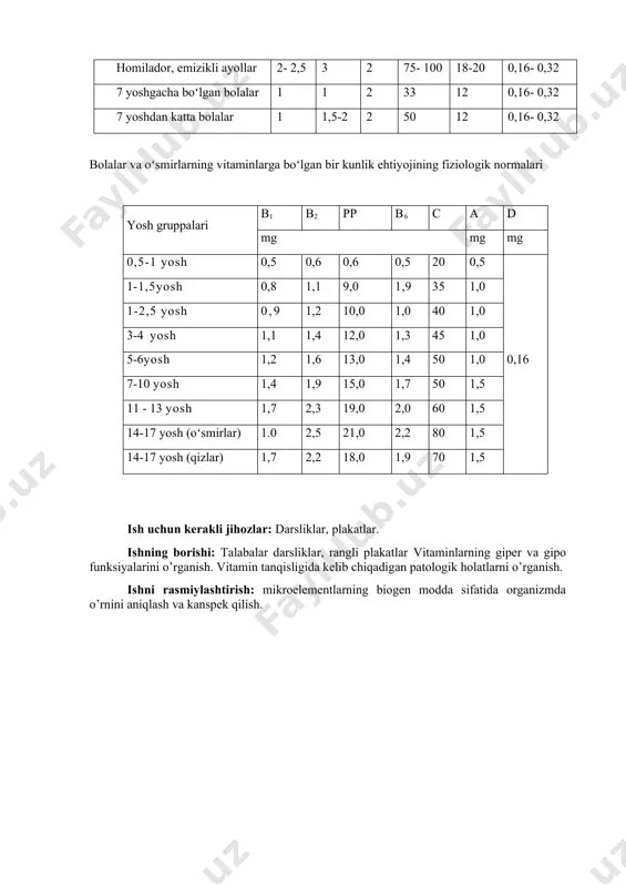 larigacha , u esa fibrilyar kollagen tuzilishi uchun kerakdir. u dopaminni gidroksillab muhim garmon va noradrenalin neyromediatoriga, lipidlar almashinishida qatnashadi. tibbiyotda askorbin kislota singaga qarshi, gemoragik diatezlarda, qon oqqanda, nur kasallarida, qator infeksion va immun kasallarida, ateroklerozdagi lipid almahinuvini normallashda, kuchli fizik va aqliy tolganda, shamollash va rak ximioterapiyasida ahamiyatga ega. silva 1918-1925 yillar o’rgangan. tuzilishini 1933 yili karrer aniqlagan.d askorbin kislotasi с vitaminlik ta'sirga ega emas, hatto antivitamin с sifatida ishlatiladi. inson organizmida sintezlanmaydi. askorbin kislota ‘vitamin с rangsiz, suvda yaxshi, spirtda yomonroq eriydigan kristall modda. o’simliklarda qutblangan nur tekisligini o’ngga va chapga buradigan stereoizomerlar holida uchraydi. o’ngga buruvchi izomerining biologik ta'siri ancha kuchsiz. askorbin kislota kristall holdagi turg’un birikma bo’lsa-da, nam ta'sirida tezda oksidlanib, oksidlangan formasi — degidro-askorbin kislotaga aylanadi. o’simlik to’qimalarida askorbin kislotaning oksidlanishi fermentlar ta'sirida {ayniqsa askorbinaza fermenti ta'sirida) juda tez boradi. d vitamin organizmda kaltsiy va fosfor almashinuvi normal oʻtishida ishtirok etadi. ayniqsa u ikki-uch …