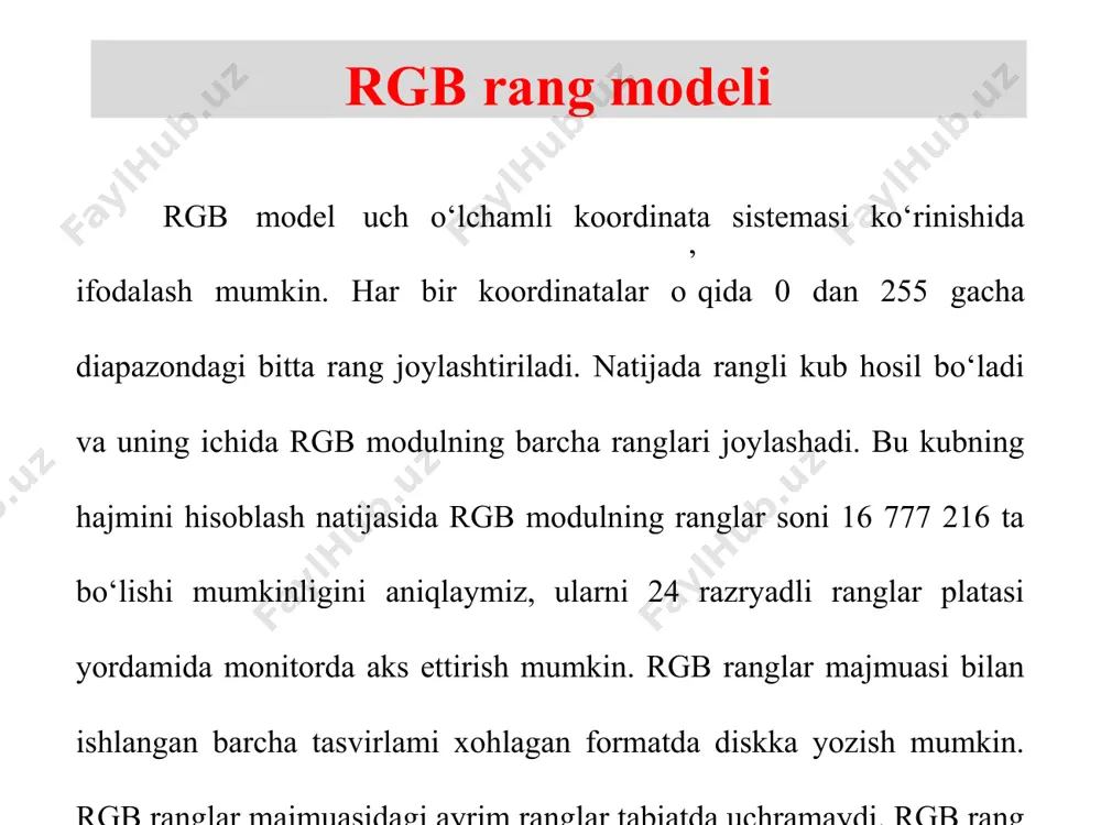 g‘lik to‘lqini uzunligi; to‘yintirilganligi (saturation) – yorug‘lik to‘lqini chastotasi yoki intensivligi; yoritilganligi (brigfitness) – yorug‘lik to‘lqini soni yoki rangning to‘q yoki ochligi. ba’zida bu model u hsv (hue, saturation, value) va hls (hue, lightness, saturation) deb nomlanadi. hsb rang modellari bu modul uch o’lchamli koordinatalar sistemasida quyidagicha joylashadi - birinchi o’q konus asosi aylanasining chizig’i, ikkinchi o’q konus diametri bo’lib aylananing ixtiyoriy nuqtasini uning markazi bilan tutashtiradi, uchinchi o’q konus balandligi. hsb rang modellari bundan foydalanib moduldagi ranglar sonini hisoblash mumkin. konus asosi bo’lgan aylanani 359 ta sektorga spektral ranglar bo’yicha bo‘lamiz, har bir sektor 100 darajali yorug'lik to‘lqini chastotasi, 100 darajali yorug’lik to’lqinini saqlaydi. konus sirtining yuzasini hisoblash formulasidan bitta sektorda 5000 rang hosil bo’ladi, agar uni sektorlar soni 359 ga ko’paytirsak, hsb rangli modulidagi 1 795 000 ta ranglar soni kelib chiqadi. hsb rang modellari rangning qiymati aylana markazidan yo’nalgan vektor sifatida qabul qilinadi. markazdagi nuqta oq rangga, …