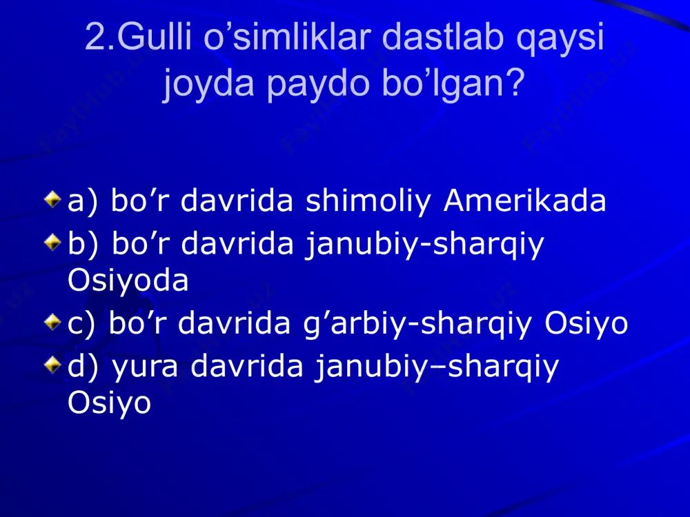 / 301 23. dastlabki quruqlikka chiqqan o’simlik qaysi? a) qirqquloq b) qirqbo’g’im c) psilofit d) yo’sinlar 24. “o’rta osiyo o’simliklar aniqlagichi” asarida qancha o’simlik turi bayon qilingan? a) 8094 tur b) 8000 tur c) 4111 tur d) 5200 tur 25. qaysi kitob asosan gerbariylarga asoslangan holda yozilgan? a) “tukiston florasining ro’yhati” b) “o’zbekiston florasi” c) “o’zbekiston dendralogiyasi” d) “ o’zbekiston o’simliklar qoplami” 26. so’nggi yillarda olib borilgan izlanishlar yana qancha tur o’simlikni o’zbekiston respublikasining“qizil kitob”iga kiritish mumkinligi ko’rsatmoqda? a) 126 ta b) 109 ta c) 301 ta d) 138 ta 27. hozirga kelib dunyo bo’yicha o’rmonlar necha % ga qisqarib ketdi? a) 30 % b) 50 % c) 25 % d) 90 % 28. ,,o'zbekiston paleobotanikasi" nomli asar necha jildli? a. 2 b. 4 c. 6. d. 3 29. lipa o'simligi ahamiyatiga ko'ra qanday o'simlik? a) bargi jozibador b) quyuq soya beruvchi c) guli jozibador d) dorivor 30. dorivor xona …