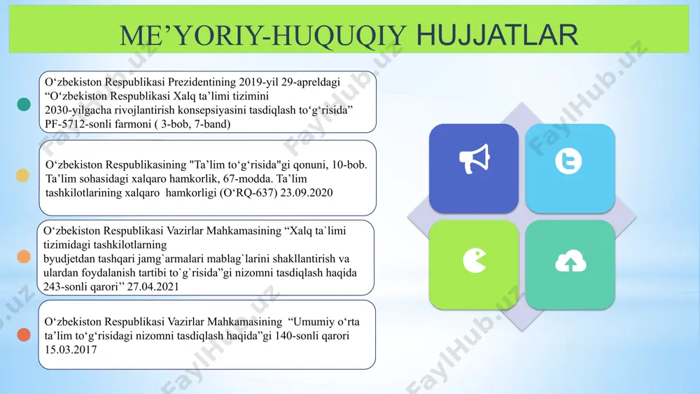 mkor tashkilotlarni aniqlash va maqsadlarni belgilash: 02 boshqaruv mexanizmlarini yaratish, kelishuvlarni rasmiylashtirish 033 loyihalarni rejalashtirish va amalga oshirish: vazifalar: turkiya kanada germaniya xorijiy tajribalarni o‘rganilganligi: turkiyada maktablar bilan ishlash uchun mas’ul 14 ta vazirlik va idoralar shug‘ullanadi. turkiya yoshlarga oid davlat siyosatining maqsad va ustuvor yo‘nalishlari: yoshlarining ijtimoiylashuvi va madaniy rivojlanishi; o‘z madaniyati va tarixi bilan nazariy va amaliy tanishish; yoshlarning jahon hamjamiyatiga integratsiyalashuvi va butun dunyodagi tengdoshlari bilan o‘zaro munosabatda bo‘lishi;yosh avlodni yomon odatlardan asrash; yoshlarning jamiyat hayotidagi faol ishtirokini ta’minlash; yoshlar siyosatini isloh qilish va yoshlarning tashabbuslarini qo‘llab-quvvatlash. 1.ilmiy markazlar bilan hamkorlik: kanadada ta'lim va ilmiy tadqiqot tashkilotlari o'rtasidagi aloqalar juda kuchli. maktablar va universitetlar o'rtasida o'qituvchilarni tayyorlash va ilmiy izlanishlar qilishda hamkorlik tizimi mavjud. 2. jamoatchilik resurslari va ijtimoiy xizmatlar: kanadada maktablar va jamoatchilik tashkilotlari o'rtasidagi hamkorlik orqali o'quvchilarga ijtimoiy yordam, psixologik qo'llab-quvvatlash va sog'liqni saqlash xizmatlari ko'rsatiladi. bu ta'limda muvaffaqiyatli bo'lishga yordam beradigan qo'shimcha imkoniyatlarni yaratadi. …