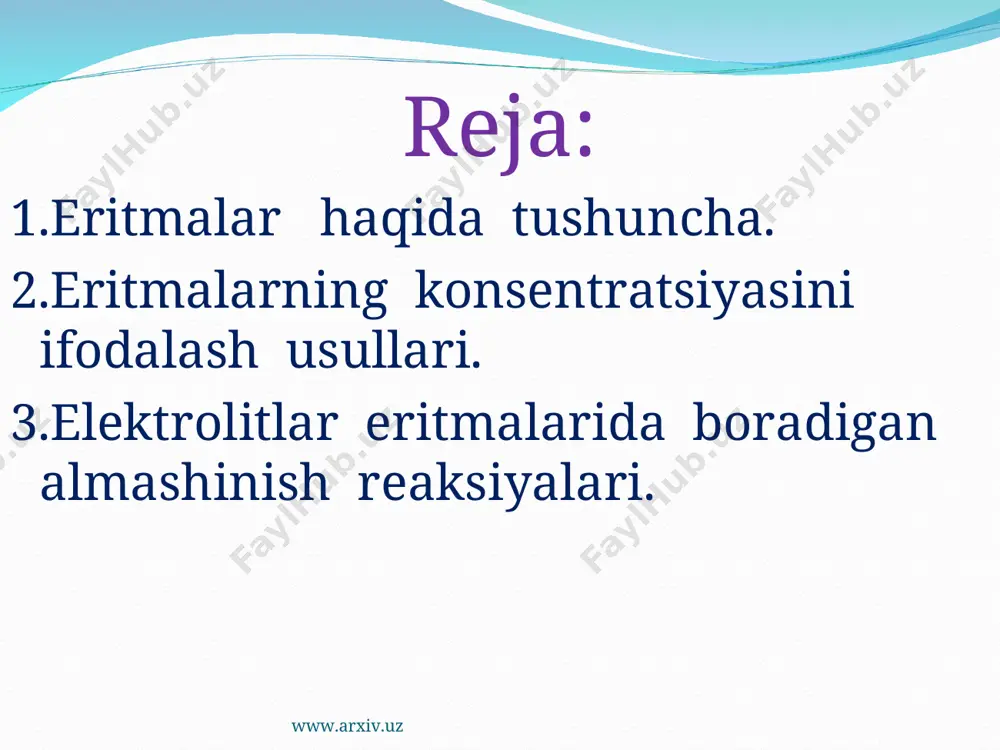 ma deyiladi. www.arxiv.uz www.arxiv.uz eritmalarning konsentratsiyalarini ifodalash usullari. eritmalarning konsentratsiyalarini, ko’pincha quyidagicha ifodalanadi: 1. protsent konsentratsiya-100 gr eritmada erigan moddaning grammlar soni. masalan, o’yuvchi natriyning 10 % li eritmasi deganda 100 gramida 10 gr naoh hamda 90 g suv bor eritma tushuniladi. ko’pincha eritmaning konsentratsiyasi uning zichlik qiymatiga qarab bilinadi, chunki ayni temperaturada eritmaning muayyan zichligiga eritma tarkibidagi muayyan miqdor modda to’g’ri keladi. masalan, zichligi 1,2 g/sm3 bo’lgan sulfat kislotada (1,2 · 103 kg/m3) 15ºc temperaturada 27,27 % h2so4 ya’ni 100g eritmada 27,27 g h2so4 bo’ladi. zichlik bilan bog’liq bo’lgan hamma hisoblashlarda quyidagi bog’liqlikka asoslanish lozim. m = v · d bunda, m-eritmaning massasi; v-eritmaning hajmi; d-eritmaning zichligi. www.arxiv.uz www.arxiv.uz 2. molyar konsentratsiya, boshqacha aytganda molyarlik-1 eritmada erigan moddaning gr-molekulalar (mollar) soni. molyar konsentratsiya m harfi bilan belgilanadi. 1 litrida 1 mol erigan modda bor eritma bir molyar yoki to’g’ridan-to’g’ri molyar (1m) eritma deyiladi; agar 1 litrida 2 mol erigan …