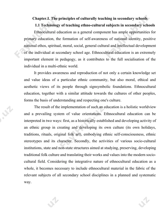 to training undergraduate teachers in the context of modernisation in preschool education. in the research, it has been revealed that the ethnocultural approach creates a qualified educational environment that creates the civic identities of future teachers and strengthens peace, respect for human beings, friendship and solidarity. arsaliev (2016) evaluated the best approaches created through ethnopedagogical technologies. han and singh (2007) emphasised the importance of creating educational content related to ethnocultural diversity in the education process of future foreign language teachers in teacher training policies. in the research, the descriptive survey model, one of the quantitative research methods, was used. descriptive scanning is the statistical operation that allows collecting, describing and presenting numerical values for a variable. within the scope of the research, the competencies of the teachers participating in the research on the technology of teaching ethno-cultural subjects in secondary schools were evaluated in the descriptive survey model. the sample …