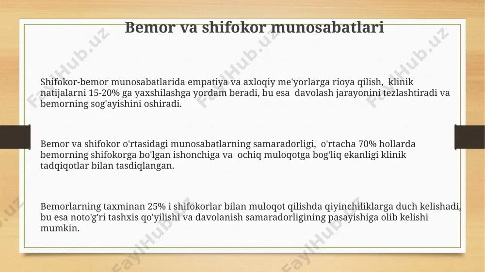 shifokorlar buni e’tirof etadi. tibbiy axloq qoidalari buzilganda, 10 yildan ortiq tajribaga ega bo‘lgan mutaxassislar tomonidan baholanadigan 3 bosqichli shikoyat jarayoni mavjud bo‘lib, bu jarayonlarning 90%i muvofiqlashtiruvchi mutaxassislar tomonidan hal qilinadi. tibbiy axloq va bioetika inson huquqlari deklaratsiyasining 3-moddasida aks ettirilgan 5 ta asosiy printsipga, jumladan, avtonomiya, xayrixohlik, adolatlilik va zarar yetkazmaslik tamoyillariga asoslanadi. e'tiboringiz uchun rahmat @taqdimot_robot image3.png image4.png