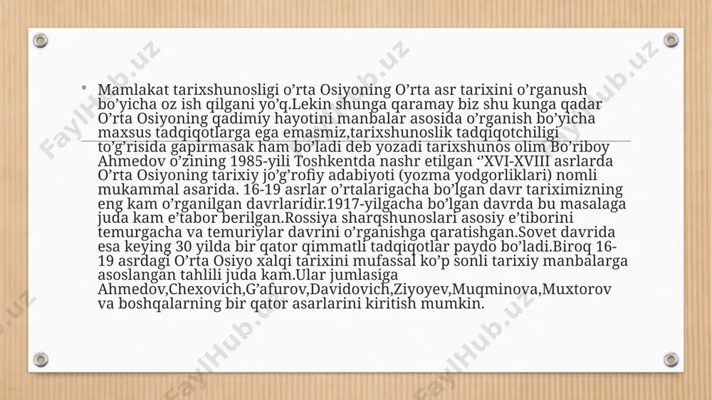 ing xvii asrdagi ijtimoiy-siyosiy tarixini bayon etadi. “tarixi muqimxoniy”da turkiy xalqlarning afsonaviy onasi alanquva, chinngizxonning ota-bobolari va moʻgʻullar tomonidan movarounnahr, balx va badaxshonning bosib olinishi tarixi qisqacha bayon etilgan. ikkinchi bobda balx va qisman buxoro xonligining xvii asrdagi ijtimoiy-siyosiy ahvoli, shuningdek, buxoro va balx xonliklarining hindiston, turkiya va koshgʻar bilan boʻlgan siyosiy munosabatlari, uchinchi bobda esa 1702—1704-yillar voqealari, xususan buxoro bilan balx oʻrtasida boshlangan qurolli kurash oʻrin olgan. asar toʻla oʻzbekchaga 1861-yili taijima qilingan, undan ayrim parchalar fransuz va rus tillarida e’lon qilingan. 1956-yili toʻliq ruscha taijim asi a.a.semenov tom onidan chop etilgan xulosa xvi-xix asr 1-yarmida o’rta osiyo tarixi haqida turli manbalar bor ammo ular haligacha to’liq o’rganilmagan.afsuski shu paytgacha bu davrga doir ma’lumotlar va ilmiy adabiyotlar juda kam.mashhur tadqiqotchi olimlar tomonidan o’rganilgan lekin ular ham to’liq emas.shu sababli ham biz hozirda universitetda o’rganayotgan fors tili yordamida yuqorida keltirilgan tarixiy manbalarni chuqurroq o’rganishimiz va aniq ma’lumotlarini kelajak avlodaga yetkazishimiz …
