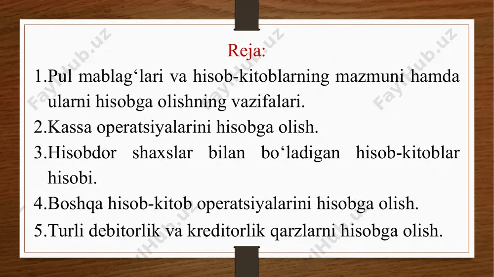 kdagi yoki ana shu shaharda yoxud boshqa shaharda joylashgan bank muassasasidagi schotiga o‘tkazish to‘g‘risidagi topshirig‘i hisoblanadi. bunda to‘lovchi bankka belgilangan shakldagi blankda topshiriqnoma taqdim etadi. topshiriqnomalar yozilgan kun — 1 kun davomida amal qiladi. to‘lov talabnomasi hisob-kitob hujjati bo‘lib, mol yetkazib beruvchi (yuk jo‘natuvchi) va vositalarni boshqa oluvchilarning to‘lovchiga muayyan summani bank orqali to‘lash to‘g‘risidagi talabini o‘z ichiga oladi. to‘lov talabnomalari bilan hisob-kitob qilish zarurati o‘zbekiston respublikasi hukumati tomonidan, yuzaga kelgan moliyaviy vaziyatdan va to‘lovlarni ta’minlash zaruratidan kelib chiqib belgilanadi inkassa topshiriqnomalariga binoan to‘lovlar hisobi korxonalar schyotlaridagi mablag‘larni ular roziligisiz hisobdan o‘chirishning quyidagi hollarida qo‘llanadi: budjetga to‘lovlar bo‘yicha boqimandalar, jarimalarni undirishda va mablag‘larni hisobdan o‘chirishning so‘zsiz tartibi belgilangan boshqa hollarda: undiruvchilarning farmoyishlari bo‘yicha; ijro etish va unga tenglashtirilgan hujjatlar bo‘yicha. mablag‘larni schyotlardan so‘zsiz tartibda hisobdan o‘chirish undiruvchilarning to‘lov talabnoma-topshiriqnomasi blankida taqdim etiladigan farmoyishlari asosida amalga oshiriladi. pul cheki korxonaning hisob-kitob schyotidan chekda ko‘rsatilgan naqd pul summasini berish to‘g‘risida bankka bergan …