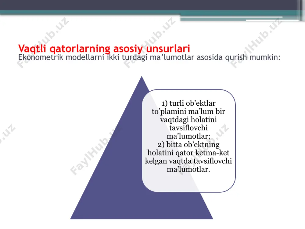mavjud. eng sodda yondoshuv – bu mavsumiy komponentalar qiymatini sirg’anchiq o’rtacha usuli bilan hisoblash va vaqtli qatorning additiv yoki multiplikativ modelini tuzishdan iborat. bu modelda davriy qatorning har bir darajasi trend(t), mavsumiy(s) va tasodifiy(e) komponentalar yig’indisidan tashkil topadi deb qaraladi. y = t + s + e additiv model quyidagi umumiy ko’rinishga ega: additiv va multiplikativ modellarni tuzish vaqtli qatorning har bir darajasi uchun t, s va e kompnentalarning qiymatlarini hisoblashga olib keladi. modelni tuzish jarayoni bir necha bosqichdan iborat: berilgan qatorni sirg’anchiq o’rtacha usul bilan tekislash s – mavsumiy komponentaning qiymatini hisoblash qator tenglamasidan mavsumiy komponentalarni chiqarib tashlash va additiv modelda (t+e) yoki multiplikativ modelda (t·e) tekslangan qiymatlarni topish (t+e) yoki (t·e) darajalarni analitik tekslash va hosil bo’lgan trend tenglamasini qo’llab t ning qiymatlarini hisoblash hosil bo’lgan modelda (t+e) yoki (t·e)ning qiymatlarini hisoblash mutloq va/yoki nisbiy hatoliklarni hisoblash e’tiboringiz uchun tashakkur! image2.png image6.png image7.png image3.png image4.png image5.png /docprops/thumbnail.jpeg