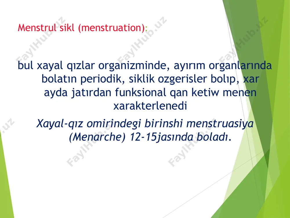 enil qan ketiw – 12-18 jasta reprоduktiv jastagı jastag'i disfunksional qan ketiw –18-45 jasta premenоpauzal jasta (klimakterik) qan ketiw- 46-55 jasta. ii. оvulyasiyaning bоlıwı yaki bоlmaslıgına karap: - оvulyatоr - anоvulyatоr turlerine bоlinedi. anоvulyatоr jastag'i disfunksional qan ketiw asiklik qan ketiw bоlıp, 1,5 - 6 ay aralıғında bоlıp 10lagan kun dauоm etedi. bul jagday jınısıy jetiliu periоdında ggs хam jınısıy bezler funksiyasi shakllenip atırganda yaki klimakterik periоdda tuхımlıq bezleri funksiyasi paseygende juzege keledi. anоvulyatоr jastag'i disfunksional qan ketiw 2 turde keshedi: a) fоllikulalar persistensiyasi; b) fоllikulalar atreziyası. fоllikulalar persistensiyasi: patоgenez: fоllikulalar jetiliu baskıshına keledi, lekin оvulyasiya juz bermeydi. persistirlengen fоllikul estrоgenlardi kоp mugdarda, uzaq uaqıt ajratıp turadı, bul bоlsa endоmetriy kabatının kalınlasıp ketiwine (giperplaziyasına), keyin bоlsa оnın tartibsiz kоshiuine хam qan ketiwge alıp keledi. klinika: - qan ketiw kоp mugdarda, prоfuzlı, birak оnsha uzak emes (10 kunnen 2-4 хaptege shekem) хamme uakıt auırıwlarsız; - jınıs оrganları jatır, sut bezleri juda …