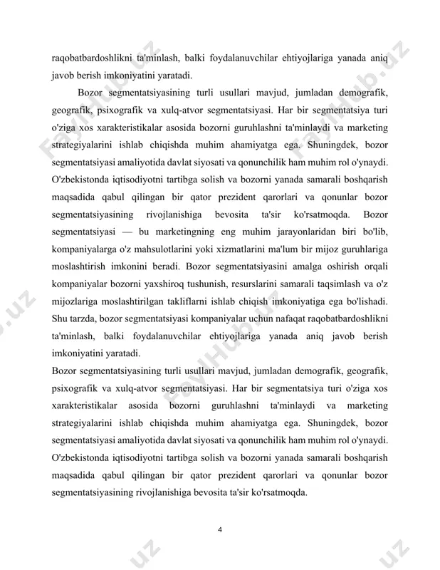 i didi, sevimli mashg'ulotlari, shaxsiyati, daromadi, yoshi, jinsi va boshqalar kabi xususiyatlarga qarab kichik guruhlarga ajratganda amalga oshiriladi. maqsad ushbu segmentlardan mahsulotlarni yaxshilash yoki har bir segment uchun turli xil marketingni amalga oshirish uchun foydalanish. bozor segmentatsiyasining to'rtta asosiy turi mavjud. har bir tur ma'lum o'zgaruvchilar bo'yicha segmentlanadi. segmentatsiya - bu ma'lum bir o'zgaruvchiga ko'ra odamlar to'plamini turli guruhlarga bo'linishni anglatadi. ushbu o'zgaruvchilar yosh va jinsdan munosabat, qadriyatlar va boshqalar kabi omillarga qadar o'zgarib turadi. geografik segmentatsiya. bu sizning mijozlaringizni ularning joylashgan joyiga qarab samarali ravishda ajratishga imkon beradi, bu sizning xaridorlaringizning joylashuvi sizning sotib olish qaroringizda muhim rol o'ynaganda foydalidir. bu, ehtimol, bozorni ma'lum bir geografik hududlarga murojaat qilish uchun bo'lingan bozor segmentatsiyasining eng keng tarqalgan shakli. ushbu maqsad juda mashhur, chunki mijozlarning aksariyati ularning yashash joylari ta'sirida. bu xalqaro korporatsiyalar uchun ideal hisoblanadi. turli mamlakatlarda yashovchi mijozlar turli xil xohish va ehtiyojlarga ega bo'lib, ularni marketing kampaniyasida aniq …