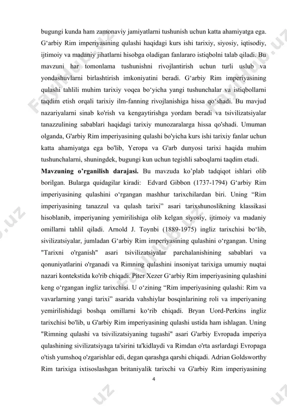 bularga siyosiy beqarorlik, iqtisodiy tanazzul, ijtimoiy tartibsizliklar, harbiy muammolar va vahshiylar bosqinining tashqi tahdidlari kiradi. 2. tarixshunoslik talqinlarini baholash: yana bir maqsad – g‘arbiy rim imperiyasining qulashi haqidagi turli tarixshunoslik talqinlarini baholash. bu asosiy ishlarni o'rganish va mavzu bo'yicha tarixchilarning turli nuqtai nazarlari va dalillarini baholashni o'z ichiga oladi. 3. taʼsirni oʻrganish: yana bir maqsad gʻarbiy rim imperiyasining qulashining yevropa va gʻarb dunyosiga uzoq muddatli oqibatlarini oʻrganishdir. bu imperiya qulashining siyosiy, madaniy, ijtimoiy, iqtisodiy va diniy oqibatlarini tahlil qilish va uning hozirgi kungacha ta'sirini baholashni o'z ichiga oladi. 4. tarixiy munozaraga qo'shgan hissasi: yana bir maqsad g'arbiy rim imperiyasining qulashi haqidagi tarixiy bahslarga yangi tushunchalar, istiqbollar va talqinlarni taqdim etish orqali hissa qo'shishdir. bu yangi tezislar va gipotezalarni ishlab chiqish, shuningdek, mavjud nazariyalar va modellarni baholashni o'z ichiga oladi. umuman olganda, ushbu muhim tarixiy voqeani har tomonlama tushunishni rivojlantirish va uning evropa va g'arb dunyosi tarixi uchun ahamiyatini o'rganishga qaratilgan. …