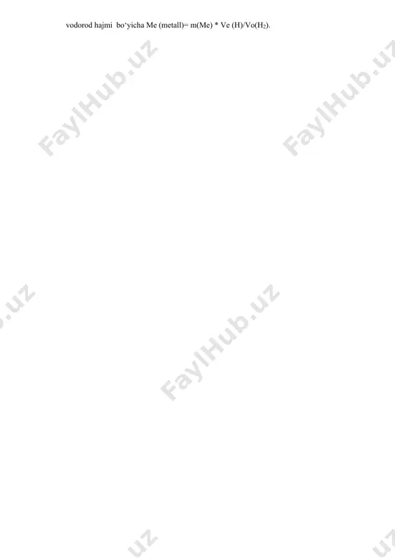 gi suvni barobarlovchi byuretkaga tomon siqib chiqara boshlaydi. reaksiya tomom bo‘lishi bilan byuretkadagi gazning chiqib ketmasligi yoki unga havo kirmasligi uchun ikkala idishdagi suvning sathini tenglashtiring. so‘ngra byuretkadagi so‘nggi suv sathini (voxir) aniqlab yozib oling. tajriba natijalarini jadval-2 va jadval-3 ga yozing. tajriba natijalarini hisoblash. 1. v(h2) = v(oxir.) - v(bosh.), - formuladan foydalanib ajralgan vodorod hajmi ni hisoblang. 2. p(h2)=p(atm) – p(h2o) - formuladan foydalanib vodorod parsial bosimini toping. 3. povo/to= r(h2)v(h2)/t => vo=[p(h2) = to/ pot] = v(h2) – formuladan foydalanib vodorod hajmi ni normal sharoitga keltiring. 4. quyidagi tenglama bo‘yicha : m(h2) = m(h2)=vo(h2)/vm ajralgan vodorodning massasini hisoblang. 5. ekvivalent qonuniga asoslanib metall ekvivalentining molyar massasini aniqlang: a) m(me) / m(h2)=me(me) /me (h); vodorod massasi bo‘yicha me (metall)= m(me) * me (h)/ m(h2) b) m(me) / vo(h2 = meme)/ ve(h); vodorod hajmi bo‘yicha me (metall)= m(me) * ve (h)/vo(h2). jadval-1 suv bug‘i bosimining turli haroratdagi qiymati kpa …