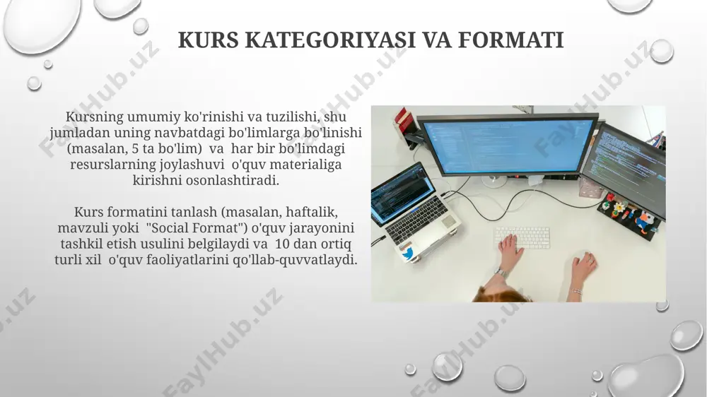 amaliy topshiriqlar uchun turli xil topshiriq turlarini, masalan, 5 ta savollar, 10 ta test, 2 ta esse yoki 3 ta fayl yuklash vazifalarini qo'shishingiz mumkin, bu esa talabalarning ko'nikmalarini har tomonlama baholashga imkon beradi. har bir amaliy topshiriq uchun aniq topshiriq tavsifi, topshiriqni bajarish muddati (masalan, 7 kun), ballar miqdori (masalan, 20 ball) va topshiriqni topshirish formati (masalan, word fayl, pdf fayl) kabi parametrlarni belgilang. mavzular va bo'limlarni yaratish bo'limlarni yaratishda o'quv maqsadlarini aniq belgilash va har bir bo'limga tegishli bo'lgan 3-5 ta mavzu qo'shish samarali bo'ladi. bu o'quv jarayonini yanada tushunarli qiladi. moodle'ning "qo'shimcha faoliyatlar" bo'limidan foydalanib, har bir mavzuga viktorina, forum yoki topshiriq kabi 1-2 ta baholovchi vositani qo'shishingiz mumkin. bu o'quvchilarning bilimlarini tekshirishga yordam beradi. xabarnoma va ogohlantirishlar xabarnoma va ogohlantirishlarni moodle’ning “ishga tushirish” bo’limida sozlash mumkin, bu yerda 3 xil ogohlantirish turi (elektron pochta, sayt ichidagi xabar, sms) mavjud. moodle’da xabarnoma va ogohlantirishlarni shaxsiylashtirish uchun foydalanuvchilar …