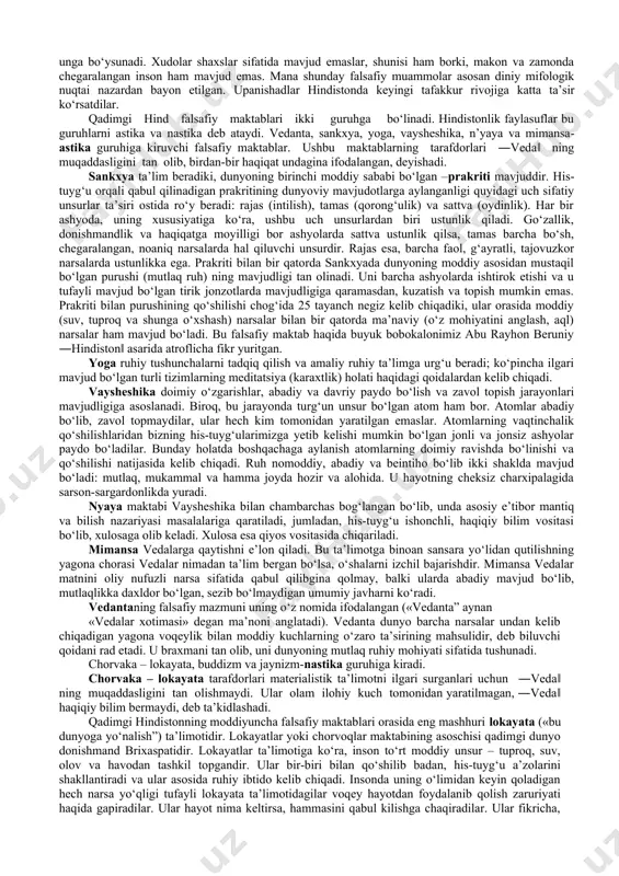 elgilanganliklari guvohlik beradi. shunday asarlar paydo bo‘la boshlaydiki, ularda afsonalarni falsafiy talqin qilishga urinishlar ko‘zga tashlanadi («arfa chaluvchining qo‘shig‘i”, «dunyodan xafsalasi pir bo‘lgan kishining o‘z ruhi bilan suhbati”, «hayot ma’nosi haqida xoja va qulning savol-javoblari” va boshqalar). masalan, «arfist qo‘shigi” o‘lganlardan hech kim qaytib kelgan emas, u dunyo, oxirat to‘g‘risidagi gaplar yolg‘on, u dunyo yo‘q, kishi jismi o‘lgandan keyin chirib loyga tuproqqa aylanadi, xaqiqiy hayot esa yerdagi hayotdir, yerdagi hayot va unda o‘z baxtini topish uchun kurashish lozim, deb ta’kidlanadi. qadimgi bobilda topilgan, adabiy yodgorlikdan biri «xo‘jayinning o‘z quli bilan hayotining mazmuni haqida suhbati» degan adabiy yodgorlikda birinchi tomondan xudolarga ishonish, ilohiy kuchlarning tabiat va jamiyatga ko‘rsatadigan ta’sirini mutloqlashtirish xususiyati ustuvor bo‘lsada, ikkinchi tomondan afsona va rivoyatlar tarzida bo‘lsa-da, dunyoviy bilimlar, ilmiy qarashlar xam asta-sekin shakllana boshlagan. bu qarashlar insoniyat falsafiy fikrlari rivojlanishidagi muhim «qadamlar” bo‘ldi. garchi qadimgi misr va bobilda falsafiy tafakkur qadimgi yunoniston saviyasiga erishmagan bo‘lsa ham, ularning …