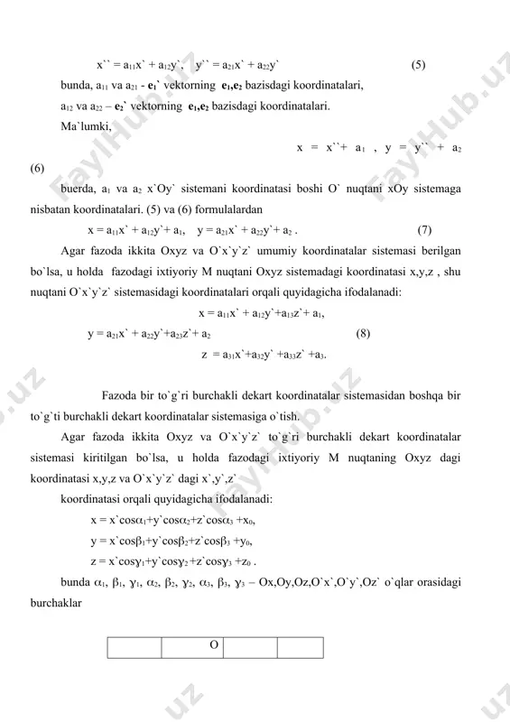 bo`ladigan qilib yo`naladi;bu sistemalar umumiy oz o`qqa ega, shu sababli ikkinchi sistema birinchisini oz o`qi atrofida biror burchakka burish natijasida hosil bo`ladi,demak, x = cos - sin y = sin +cos endi oz sistemadan to`g`ri burchakli o`z` sistemaga o`tamiz (oz`o`q o o`qqa perpendikulyar, shunday qilib, o o`q x`oy` tekislikka yotadi; o` o`q o va oz`o`qlarga perpendikulyar hamda oz va o`z` sistemalar bir xil yo`nalishga ega bo`ladigan qilib yo`naltirilgan) o`z` sistema oz sistemadan o o`qi atrofida biror burchakka burish natijasida hosil bo`ladi, demak = `cos - z`sin z = `sin+z`cos. o`z` va oxyz sistemalar bir xil yo`nalishga ega va demak ox`y`z`sistema ham shu yo`nalishga ega . shu sababli ox`y`z` sistema o`z` sistemadan oz` o`q atrofida biror burchakka burish natijasida hosil qilinadi,demak, = x`cos -y`sin `= x`sin +y`cos. bu yuqoridagi uchta munosabatdan ,,` larni chiqarib, quyidagi munosabatni hosil qilamiz: x = x`(coscos-sinsincos)-y`cossin+sincoscos)+ +z`sinsin, y = x`(sincos+cossincos)-y`(sinsin-coscoscos)- -z`cossin, z = x`sinsin+y`cossin+z`cos. ,, burchaklar …