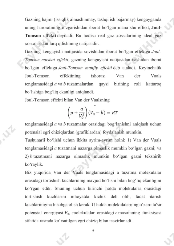 asosiy rol o‘ynasa, bunday real gaz joul-tomson manfiy effektini beradi; agar real gaz molekulalar orasidagi tortishish kuchlarini hisobga oluvchi a tuzatma asosiy rolni o‘ynasa, bunday real gaz joul-tomson musbat effektini beradi. ayni bir gaz uchun, uning harorati va bosimiga qarab, goh b tuzatma, goh a tuzatma katta rol o‘ynashi mumkin. shu sababli, tashqi sharoitga qarab, ayni bir real gazning o‘zi goh musbat, goh manfiy joul-tomson effektini berishi mumkin. juda katta bosimlarda har qanday gaz uchun ham molekulalarning xususiy hajmi, ya'ni, b tuzatma kattaroq ahamiyat kasb etadi, demak, juda katta bosimlarda barcha gazlar joul-tomson manfiy effektini beradi. bosim p va harorat t ning ba'zi qiymatlarida har ikki a va b tuzatmalarning roli birday bo‘ladi; bunday holatdagi real gaz joul-tomson nol effektini beradi, ya'ni, gaz kengayganda isimaydi ham, sovimaydi ham. joul-tomson effekti nolga teng bo‘lgan holat inversiya nuqtasi deyiladi. inversiya nuqtalarining to‘plami, grafikda ifodalanganda rasmda ko‘rsatilgandek egri chiziqni hosil qiladi. p va …