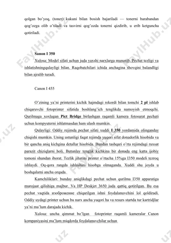 o’yalishiga yo’l qo’ymasligi uchun. shu narsa ko’rinib turibdi uning svoystvasi ishlatilgan siyox pechatdan chiqarilgan maxsulotimizning ikkala tomoniga qandaydir dog’lar bilan, rangli chiqarilgan maxsulotimizgaesa yengilgina qo’shimchalar kiritadi. hamma rejimdagi peratlangan fotosuratlarga rasmlari uchraydi, dioganalda esa kulrang klin ko`zga korinmas chiziqlari mavjud. peramning tezligi retimda bu model o`zining sifatlarini o`rtacha natijalarini ko`rsatadi. bu bilan u kompaniyaning ikki modelini kuvib o`tgan taqdirigina epson ni bundan tashqari shu modelning narxi juda ko`p pechat qiadiganlarni yuza ham talabini qoldirmaydi. rezyume: printer talab qolmaydigan foydalanuvchilar uchun kichik ob`emdagi pechatlarga mo`ljallangan. lextark 2705 bu model 2605 shunisi bilan farqlanadiki, bunda juda yuqori tezlikdagi pechat, fotokartridj foydalanish qulayligi bilan va ayrim qo`shimcha funksiyalar, bularning hammasi ish sifatini va qulayligini ancha ko`taradi. ijobiy tomoni: knopkaga “formaning kirishi qo`shilgan, yana bir tomoni shundaki, bunda fotokartridjni o`rnatilishi yangi po “lextarlning yordam markazi”. printer haqidagi juda muhim ma`lumotlarni o`ziga saqlaydi va unga xizmat qiladi. fotoredaktor juda oson va qulay foydalanishga ko`rmasdan tavsiya …