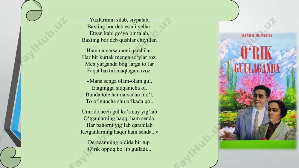 alib va san’atga bermasdan ozor, hovuch-hovuch suv ichdim qonib. «chimyon esdaliklari» she’ri haqida chimyonga chiqqan shoir ushbu she’rida tog‘ manzarasini xuddi rassomdek chizib beradi. tog‘ga chiqqan odamga osmon yaqin kelgandek, tunda pokiza osmonga qo‘lini cho‘zsa, yulduzlarga ham etadigandek tuyuladi. osmonga qarasangiz, qudratli qo‘llar bulutlardan turli shakllar yasaydi. ayniqsa, yozning jaziramasida ham tog‘ daralarida uzoqdan oppoq yo‘l-yo‘l chiziqlar ko‘rinadi. ha, ular qishda yog‘gan qorlar. shunda siz bir vaqtning o‘zida ham yoz, ham qish, barq urib ochilgan gullardan esa bahor tarovatidan bahramand bo‘lasiz. shuning uchun ham shoir «bahor va yoz qarshimda peshvoz» deb ta’kidlaydi. shu zaylda shoirning ko‘z oldida tabiatning bor fasllari bir vaqtning o‘zida namoyon bo‘ladi. shulardan zavql anadi. odatda, shoirlarga bahor fasli ko‘proq ilhom beradi. bahor go‘zalligi shoir so‘ziga, iste’dodiga qanot bag‘ishlaydi va natijada: bahor ko‘chib yurar tog‘ma-tog‘, qo‘llarida lola piyola, kabi hech kimning xayoliga kelmaydigan misralarni yozadi. bu piyolal arni esa shoir misli bahorning qo‘lida turgandek ta’riȯaydi. tog‘ lolaqizg‘aldoqlar …