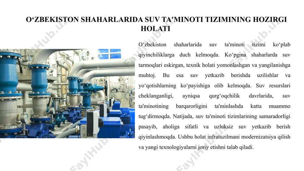 ida suv tarmoqlari aniq xaritalanadi, nosozliklar tez aniqlanadi va ta'mirlash ishlari samarali rejalashtiriladi. bu tizim suv taqsimotini optimallashtirishga, suv yo‘qotishlarni kamaytirishga yordam beradi. bulutli texnologiyalar esa suv ta'minoti bo‘yicha katta hajmdagi ma’lumotlarni markazlashtirilgan tarzda saqlash va tahlil qilish imkonini beradi. bu platformalar orqali real vaqt rejimida monitoring o‘tkazish, ma'lumotlarga tezkor kirish va samarali qaror qabul qilish mumkin bo‘ladi. shu tarzda raqamli texnologiyalar suv ta'minotining ishonchliligi va samaradorligini oshirishga xizmat qiladi. innovatsion qurilmalar va tizimlar innovatsion qurilmalar va tizimlar suv ta'minoti sifatini va samaradorligini sezilarli darajada yaxshilaydi. “smart water” tizimi yordamida suv sarfi va sifati real vaqt rejimida kuzatiladi, bu esa nosozliklarni tez aniqlash va suv resurslarini oqilona boshqarishga imkon beradi. “diwer” tizimi meliorativ kuzatuv quduqlarida yer osti suvlarining minerallashganlik darajasini nazorat qilib, suv sifatining doimiy monitoringini ta’minlaydi. bu tizimlar suv ta’minoti tizimlarining ekologik xavfsizligini oshirish va suv resurslarini samarali boshqarish uchun muhim ahamiyatga ega. mahalliylashtirish va ishlab chiqarish mahalliylashtirish suv …