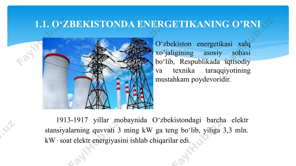 dek respublikaning bir qator shaharlaridagi sanoat va kommunal-maishiy iste’molchilariga issiqlik energiyasini yetkazib beradi. жорий йилда электр энергияси таъминотини яхшилаш бўйича амалга оширилаётган ишлар ёхуд ўзбекистон тарихида аввал кузатилмаган рекорд даражадаги йирик лойиҳалар хусусида қисқача: 1. 2021 йилнинг ўтган 6 ойи давомида электр энергетика соҳасида 4 341 мвт.га тенг бўлган иссиқлик, қуёш ва шамол электр станцияларини қуриш бўйича жами 10 та шартнома имзоланди (https://t.me/energetika_xabarlari/360) (бу 4 341 мвт ҳажм ўзбекистонда амалдаги ўрнатилган қувватларнинг қарийб учдан бирини ташкил қилади). 2. жорий йилда навоий (https://t.me/energetika_xabarlari/323) ва самарқанд (https://t.me/energetika_xabarlari/399) вилоятларида ҳар бирининг қуввати 100 мвт.дан бўлган 2 та қуёш электр станцияси ишга туширилади 3. 2021 йил якунига қадар умумий қуввати 1 800 мвт.га тенг бўлган иссиқлик ва қуёш электр станциялари ишга туширилади (https://t.me/energetika_xabarlari/323) 4. 2021 йилда юқори кучланишли 17 та подстанцияда қўшимча 1 568 мва (мегавольт ампер) қувват оширилади. (https://t.me/energetika_xabarlari/381) шунингдек, 3 та йирик инвестиция лойиҳаси ишга туширилади. (https://t.me/energetika_xabarlari/382 5. 2021 йил давомида узунлиги …