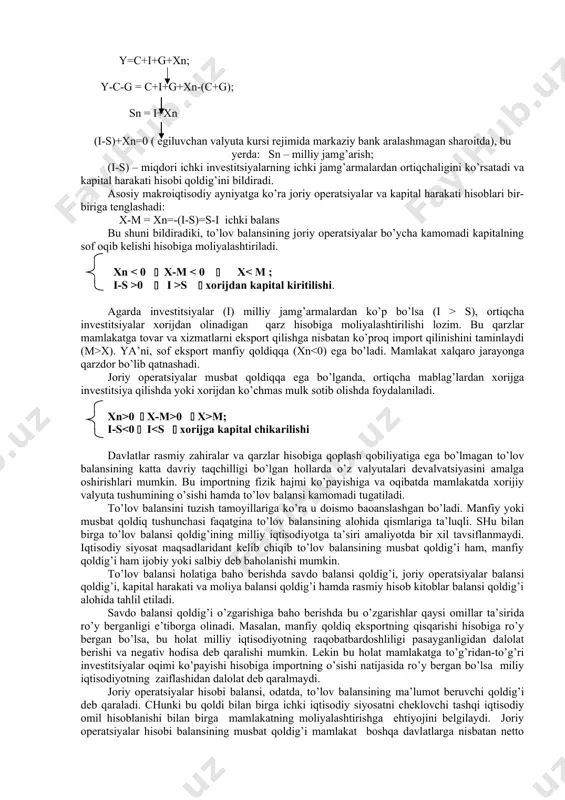 ’rtasidagi farqni bildiradi. joriy operatsiyalar balansida taqchillik bo’lmagan sharoitda esa mamlakat xorijiy valyutalarni sarf qilishga nisbatan ko’proq olib keladi. misolimizga aksincha mamlakat joriy operatsiyalar bo’yicha balansi ijobiy qoldiqqa ega bo’ladi. bunda mamlakatda chet elda ko’chmas mulkni sotib olish yoki boshqa mamlakatlarga qarzga berishga yo’naltirilishi mumkin bo’lgan ortiqcha xorijiy valyuta yuzaga keladi. 17.3. kapital harakati hisobi balansi. investitsiyalash va kreditlash bilan bog’liq operatsiyalar to’lov balansining keyingi bo’limida, ya’ni, kapitallar harakati hisobida aks ettiriladi. mamlakatda ma’lum bir vaqtda moddiy va moliyaviy aktivlarini sotib olish va sotish bilan bog’liq operatsiyalariga kapital harakati hisobi deyiladi. kapital harakati hisobi balansida korxonalar, yer, uy-joylar, qimmatbaho qog’ozlar, aksiyalar, xazina majburiyatlari va boshqa aktivlarni olish-sotish bilan bog’liq kapitallar oqimi aks ettiriladi. bu aktivlar sotilsa yoki eksport qilinsa, xorijiy valyuta mamlakatga kiritiladi, ya’ni valyuta tushumi ko’payadi (+150). biroq kapitalni olib kelish bilan bir vaqtda uni olib chiqish bilan bog’liq operatsiyalar ham amalga oshiriladi. bunda mamlakatning tadbirkorlari xorijdan aksiyalar sotib …