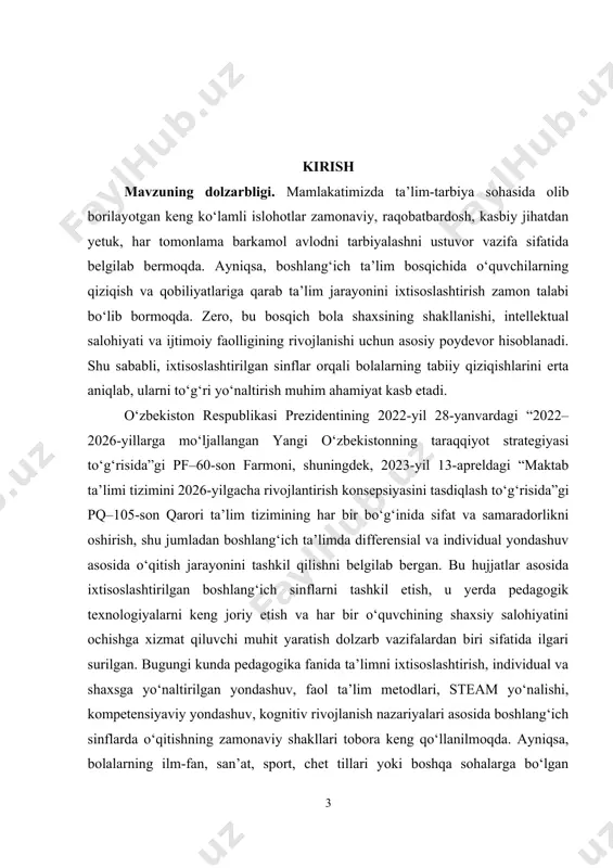 ham yoritiladi. bu esa kelajakda boshlang‘ich sinf o‘qituvchilarining kasbiy faoliyatida ixtisoslashtirilgan darslarni samarali tashkil qilishda qo‘llanilishi mumkin bo‘lgan nazariy va amaliy asoslarni belgilab beradi. kurs ishining maqsadi. boshlang‘ich ta’lim bosqichida ixtisoslashtirilgan darslarni tashkil etishning nazariy va amaliy asoslarini o‘rganish, ta’lim jarayonida o‘quvchilarning individual qiziqishlari, qobiliyatlari hamda intellektual salohiyatini hisobga olgan holda darslarni samarali tashkil qilish yo‘llarini aniqlashdan iborat. shuningdek, ixtisoslashtirilgan sinflarda pedagogik yondashuvlar, innovatsion metodlar va zamonaviy texnologiyalardan foydalanish imkoniyatlarini tahlil qilish, mavjud muammolar va ularning yechimlari ustida ilmiy asoslangan tavsiyalar ishlab chiqish ham ushbu ishning muhim maqsadlaridan biridir. kurs ishining vazifalari: · ixtisoslashtirilgan boshlang‘ich sinf darslarining mazmunini o‘rganish; · ta’limda individual va differensial yondashuvning ahamiyatini aniqlash; · pedagogik texnologiyalarni qo‘llash usullarini tahlil qilish; · ilg‘or tajribalarni o‘rganib, amaliy tavsiyalar ishlab chiqish. kurs ishining predmeti. boshlang‘ich ta’limda ixtisoslashtirilgan darslarni tashkil etish jarayoni, unda qo‘llaniladigan pedagogik yondashuvlar va usullar. kurs ishining obyekti. boshlang‘ich ta’lim tizimida olib borilayotgan o‘quv-tarbiya jarayoni. mavzuni o‘rganilganlik …