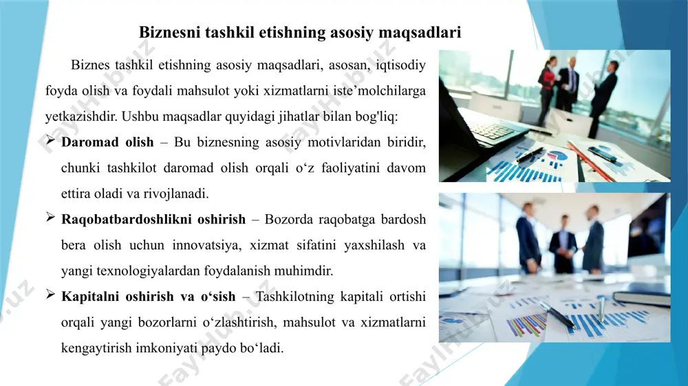 larini yuritish talab etilmaydi; • moslashuvchanlik, tezkor qaror qabul qilish imkoniyati. • xo‘jalik sub’ektining mavjudlik vaqti jismoniy shaxs umri bilan cheklangan; • biznes miqyosi cheklanganligi uchun boshlang‘ich sarmoyani to‘plash qiyin; • “ rasmiy ” biznes vakillaridan hech kim bunday ishga jiddiy ravishda sarmoya kiritishni hohlamaydi; • kredit resurslarini olish cheklangan; • agar siz qarzga pul olsangiz, sizning mulkingiz xavf ostida qoladi; • tadbirkorlikning barcha muammolarini bajarish qiyin; dam olish kuni, kasallik varaqasi, ijtimoiy to‘lovlar bilan bog‘liq muammolar. yakka tadbirkorlik biznesni tashkil qilish shakli afzalliklari kamchiliklari xususiy korxona • biznesni boshqarishning soddaligi; • ta’sis hujjatlarini tayyorlash (faqat nizom) va korxonani davlat tomonidan rasmiylashtirish (ro‘yxatdan o‘tkazish) nihoyatda soddalashtirilgan; • nizom fondining miqyosi korxona egasi tomonidan belgilanadi; • ishchilarni yollab ishlatish imkoniyati mavjud; • foyda soliq va boshqa majburiy to‘lovlar to‘langach mulk egasi ixtiyoriga kelib tushadi va soliqqa tortilmaydi. • ta’sischi o‘z korxonasining mas’uliyatiga (javobgarligiga) unga tegishli mulk bilan javobgar hisoblanadi. xususiy korxona …