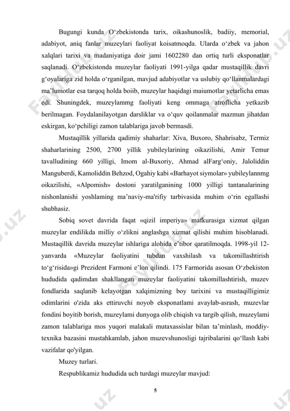 oybek nomli o`zbekiston tarixi muzeyini, tasviriy san`at muzeyini alisher navoiy nomli adabiyot muzeyini, turkiston harbiy okrugi muzeyini, tabiatshunoslik muzeyini ko`pchilik omma yaxshi biladi, ammo arxeologiya, etnografiya, harbiy-tarixiy, memorial, regional, san`atshunoslik, texnik muzeylarni ko`proq o`sha soha mutaxasisslari biladilar. bulardan tashqari yana toshkentda murakkab va kompleks sohali muzeylar xam mavjud. toshkentdagi mavjud muzeylar o`zbek va boshqa qardosh xalqlar tomonidan tashkil etilgan turli-tuman sohalarning uzoq o`tmishdan to hozirgi kunga qadar bo`lgan rivojlanishini ko`rsatish bilan bir qatorda, o`rta osiyo xalqlarining, shu jumladan, o`zbek xalqining ibtidoiy jamoa, quldorlik, feodalizm davridagi hamda 1917 yilgacha bo`lgan davrdagi hayot yo`lini aks ettiruvchi eksponatlar bilan birga to`ntarishdan keyingi turkistonda sho`rolar hokimiyatining o`rnatilishiga doir, fukarolar urushi xalq xo`jaligini qayta tiklash, mamlakatda elektrlashtirish rejasining amalga oshirilishiga doir materiallar ham muzey eksponatlari ichida joy olgan. 176 ta muzeylar o'zlarining ilk paydo bo‘lgan kunidan boslilab o'z zamonasini aks ettirgan va talab-ehtivojlanni ifoda qilgan, qisqacha qilib avtganda, zamon ko zgusi bo‘lgan. hoziigi kunda ochiq …
