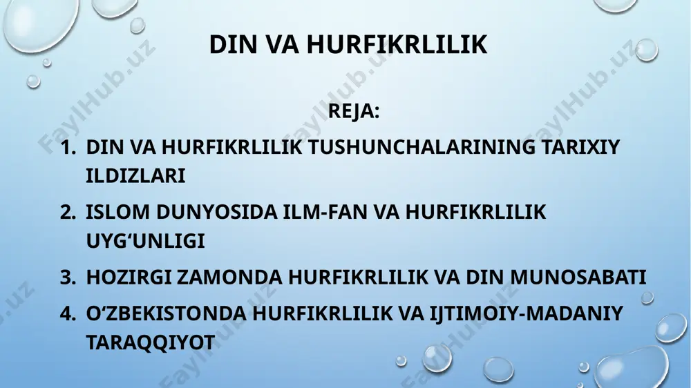 yer esa aylanadi degan g‘oyani ilgari surgan (heliosentrik model). islom dunyosida ilm-fan va hurfikrlilik uyg‘unligi bayt al-hikma misolida: har yili minglab kitoblar tarjima qilinardi. yunonlar: platon, aristotel; hindlar: aryabhata, brahmagupta; forslardan: shahrastoni, zardo’shtiy matnlar tarjima qilingan. arab tilida ilm-fan tili paydo bo‘lgan. farqli fikrlar uchun zamin: imom abu hanifa — “aql bilan qaror chiqarish mumkin, agar qur’on va sunnatda bevosita javob bo‘lmasa.” mutakallimlar (kalom ilmi olimlari): e’tiqodni mantiqiy asoslashga uringanlar. masalan: fakhriddin roziy, imom moturidiy. mashhur mutafakkirlar va g‘oyalari: olim asarlari hurfikrlik yondashuvi ibn xaldun muqaddima tarixiy voqealarga ilmiy, ijtimoiy tahlil orqali yondashgan nasiriddin tusi tazkirat al-mutashakkirin astronomik kuzatuvlar asosida diniy taqvimlarni isloh qilgan abu ma’shar balxiy astrologiya va falsafa sharq va g‘arb ilmlarini uyg‘unlashtirgan al-battaniy astronomiya quyosh yilini aniq hisoblab bergan (365 kun 5 soat 46 daqiqa) hurfikrlilikning huquqiy asoslari bmt, yevropa va islomiy huquqiy asoslari hujjat sana asosiy tamoyil bmt inson huquqlari deklaratsiyasi 1948 fikr va vijdon erkinligi …