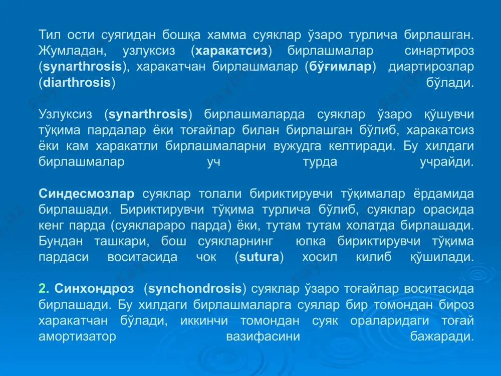 ий уровень четвертый уровень пятый уровень articulatio temporornandibularis.. 1-processus articularis (condylaris) mandibulae; 2-caput mandibulae; 3-capsula anicularis; 4-porus acusticus extemus; 5-discus articularis; 6-fossa mandibularis; 7-tuberculum articulare; 8-m.pterygoideus later-alis; 9-processus temporalis ossis zygomatici; 10-processus coro-noideus. образец текста второй уровень третий уровень четвертый уровень пятый уровень образец текста второй уровень третий уровень четвертый уровень пятый уровень елка бугими articulatio humeri. 1-acromion; 2-articulatioacromioclavicularis; 3-caput humeri; 4-cav-ilasarlicularisarticulatioiiis humeri; 5-cavitasglenoidale (scapulae); 6-clavicula; 7-scapula; 8-labrum glenoidale; 9-recessus subaxilaris cavi-tae articularis; 10-tcndo m.bicipitis brachii (caput longum); 11-vagina synovialis tendinis m.bicipitis brachii (caput longum); 12-m.del-toideus; 13-bursa subdelloidea. articulatio cubiti. .1-humerus; 2-capsula articu-laris; 3-epicondylus medialis humeri; 4-ligamentum collat-erale ulnaris; 5-ligamentum anulare radii; 6-tendo m.bicipitis brachii; 7-chorda obliqua; 8-ulna; 9-radius; 10-ligamentum collaterale radi-ale; ll-epicondylus lateralis. образец текста второй уровень третий уровень четвертый уровень пятый уровень l-humerus; 2-capitulum humeri; 3-trochanter humeri; 4-cavitas articularis; 5-tuberositas ulnae; 6-corpus ulnae; 7-membrana interossea ante-brachii; 8- articulatio radioulnaris distalis; 9-corpus radii; i0-chorda obliqua; il-tendo in.bicipitis brachii 12-ligamentum …