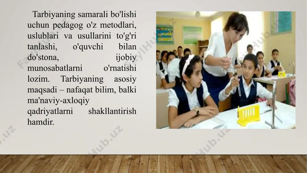 d esa katta bo‘lsa, «kuchli harakatlantiruvchi» metodlar qo‘llaniladi, qulay sharoitlarda esa, tarbiyaning «ayaydigan» metodlaridan foydalaniladi. tarbiyani «kuchli harakatlantiruvchi» va «ayaydigan» metodlarga bo‘linishishartli: birinchisi tanbeh berish va majbur qilish bilan, ikkinchisi nasihat qilish va doimiy o‘rgatish bilan bog‘liq. 10. kutiladigan natija. metodni tanlayotganda, tarbiyachida muvafaqqiyatga erishishiga ishonch bo‘lishi kerak. buning uchun qo‘llanilayotgan metod qanday natijaga olib kelishini oldindan ko‘ra bilish kerak. tarbiya metodlarining tasnifi zamonaviy pedagogikada ba’zilari amaliy vazifalarni hal etishga, ba’zilari faqat nazariy vazifalarni o‘zida aks ettiradigan o‘nlab tarbiya tasniflari mavjud. metodlar o‘ziga xos xarakteriga ko‘ra ishontirish, mashq, rag‘batlantirish va tanbeh berishga bo‘linadi. mazkur holatda metodning umumiy xarakterli belgisi uo‘zida yo‘nalganlikni, o‘ziga xoslikni, qo‘llanishga yaroqlilikni aks ettiradi. bu tasnifga metodlarning ko‘proq umumlashganligi bilan ajralib turuvchi tarbiyaning umumiy metodlari mustahkam tutashib ketadi. tarbiyalanuvchilarga ta’sir etishi natijalariga ko‘ra metodlarni ikki guruhga bo‘lish mumkin: 1. axloqiy me’yorlar, motivlarni hosil qilishga, tasavvur, tushuncha, g‘oyalarni shakllantirishga ta’sir etuvchi. 2. xulq-atvorning u yoki bu turini aniqlaydigan …