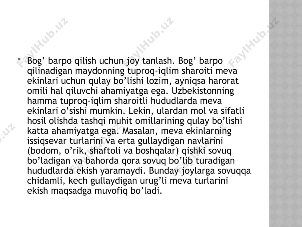 proq etilgan paytda ishlanishi lozim. juda qurib qolganda palaxsa bo’lib ko’chadi, juda nam bo’lsa ham yopishoq bo’lib, keyinchalik tez qotib qoladi. bog’da o’suv davrida qator oralariga ishlov berish tirgovuchlar qo’yilgunga qadar davom etishi mumkin. 3.meva daraxtlariga shakl berish va butash meva daraxtlariga shakl berish bilan daraxtning hosilga kirish muddatlarini o’zgartiradi, uning mahsuldorlik davrini uzaytirish, mustahkam, yoritilgan shox-shabba tuzish, bog’larni parvarish kilishni kulaylashtirish, yildan-yilga meva berishini tartibga solish, daraxt hosildorligini oshirish mumkin va hokazo. shakl berish va kesish orkali gektariga ko’prok daraxt joylashtirishga imkon beradigan ixcham (kompakt) shox-shabbalar tuzish, shu bilan bir vaktda kesishda, mevalarni terishda mehnat unumdorligini oshirish mumkin. ixcham shox-shabbalar bog’ ishlarini mexanizatsiyalashga yordam beradi. kam shox-shabbasi va yassi shakllar birmuncha afzalikllarga ega, ularda asosiy shoxlar kam, o’suvchi shoxlar esa ko’p bo’ladi. ular juda serbarg bo’lganda, hosil shoxlari ko’p bo’ladi. bu shakllar daraxtlarni zichlashtirish va yukori meva hosili olishga imkon beradi. kesish. meva daraxtlariga ta‟sir etadigan eng faol agrotexnik …