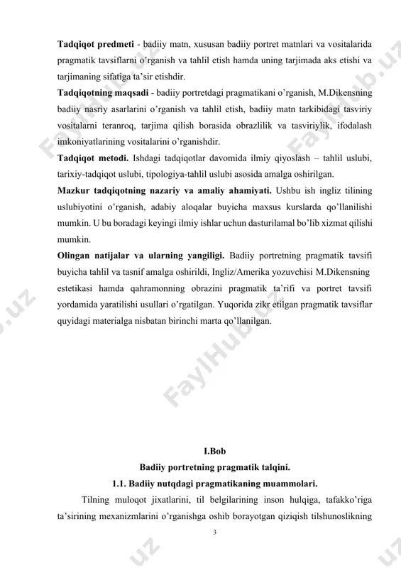 ati. ushbu ish ingliz tilining uslubiyotini o’rganish, adabiy aloqalar buyicha maxsus kurslarda qo’llanilishi mumkin. u bu boradagi keyingi ilmiy ishlar uchun dasturilamal bo’lib xizmat qilishi mumkin. olingan natijalar va ularning yangiligi. badiiy portretning pragmatik tavsifi buyicha tahlil va tasnif amalga oshirildi, ingliz/amerika yozuvchisi m.dikensning estetikasi hamda qahramonning obrazini pragmatik ta’rifi va portret tavsifi yordamida yaratilishi usullari o’rgatilgan. yuqorida zikr etilgan pragmatik tavsiflar quyidagi materialga nisbatan birinchi marta qo’llanilgan. i.bob badiiy portretning pragmatik talqini. 1.1. badiiy nutqdagi pragmatikaning muammolari. tilning muloqot jixatlarini, til belgilarining inson hulqiga, tafakko’riga ta’sirining mexanizmlarini o’rganishga oshib borayotgan qiziqish tilshunoslikning yangi yo’nalishi -lingvopragmatikaning paydo bo’lishiga olib keldi. uning asosi sifatida ch.pirs va ch.morrisning ishlari tilga olinadi (1960). ch.morrisning ta’rifiga ko’ra "pragmatika - bu belgilarning ularni talqin etuvchilarga, ya’ni belgi tizimlaridan foydalanuvchilarga munosabatidir, pragmatika til amaliyotida kuzatiladigan barcha psixologik, biologik va sotsiologik hodisalarga daxldordir" . n.arutyunova pragmatikaning eng asosiy vazifalaridan biri u yoki bu muloqot kontekstlarida paydo bo’luvchi …