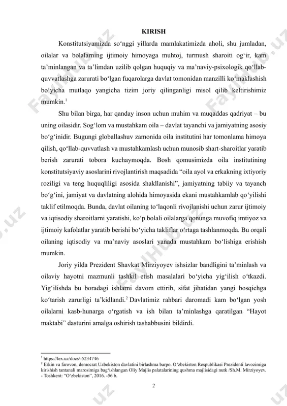ahbari daromadi kam boʻlgan yosh oilalarni kasb-hunarga oʻrgatish va ish bilan ta’minlashga qaratilgan “hayot maktabi” dasturini amalga oshirish tashabbusini bildirdi. [2: erkin va farovon, democrat uzbekiston davlatini birlashma barpo. oʻzbekiston respublikasi prezidenti lavozimiga kirishish tantanali marosimiga bagʻishlangan oliy majlis palatalarining qushma majlisidagi nutk /sh.m. mirziyoyev. - toshkent: “o‘zbekiston”, 2016. -56 b.] 1. oilani baholash mezonlari va uning resurslari oila — har bir insonning hayotidagi eng muhim ijtimoiy birlikdir. u nafaqat hissiy qo'llab-quvvatlash manbai, balki iqtisodiy, ijtimoiy va madaniy resurslar to'plamidir. oila resurslarini baholash, oilaning umumiy holatini tushunish va uning rivojlanish istiqbollarini belgilash uchun muhimdir. ushbu esseda oila resurslarini baholash mezonlari haqida so'z yuritamiz. oilaning ijtimoiy resurslari uning a'zolari o'rtasidagi munosabatlar va aloqalar bilan bog'liqdir. ijtimoiy tarmoq — bu oilaning do'stlari, qarindoshlari va qo'shnilari bilan aloqalarini o'z ichiga oladi. oila ichidagi kommunikatsiya darajasi ham muhim ahamiyatga ega. oila a'zolari o'rtasida ochiq va samimiy muloqot bo'lsa, bu ularning o'zaro tushunishini va bir-biriga …