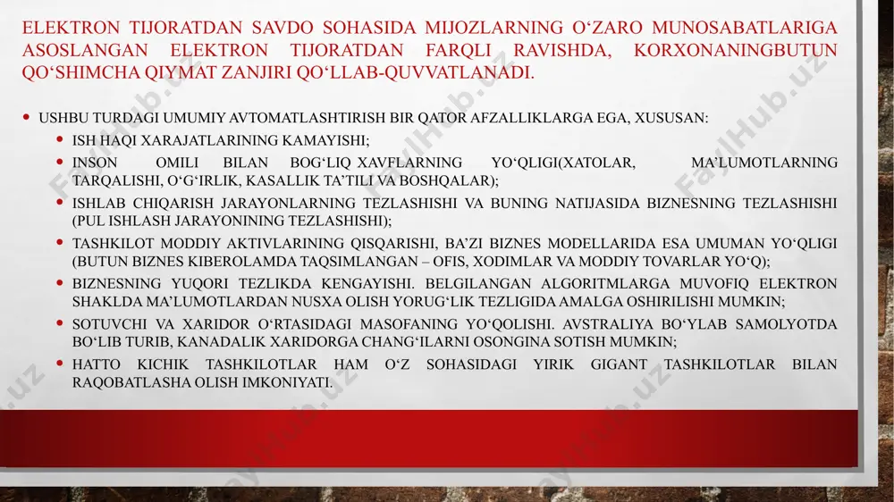 , hisoblar elektron shaklda tizimlashtirilsa aralashib ketmsaydi va ularni sana, firma nomi yoki fayl turiga ko‘ra osongina topish mumkin bo‘ladi. avtomatlashtirilgan boshqaruv tizimlari kompaniyaning ko‘plab bo‘limlari ishini engillashtirishga yordam beradi. texnologiyalarni qo‘llash natijasida tashkilotning aksariyat ishlari avtomatlashtirilgan bo‘lib, korxona xodimlari bor e’tiborni korxonani strategik rivojlantirishga qaratadi. shunday qilib, elektron biznes asta-sekin hujjatlarni yuritishda an’anaviy yondashuvni almashtiradi va bu tabiiy holat hisoblanadi. image3.jpg image4.png /docprops/thumbnail.jpeg