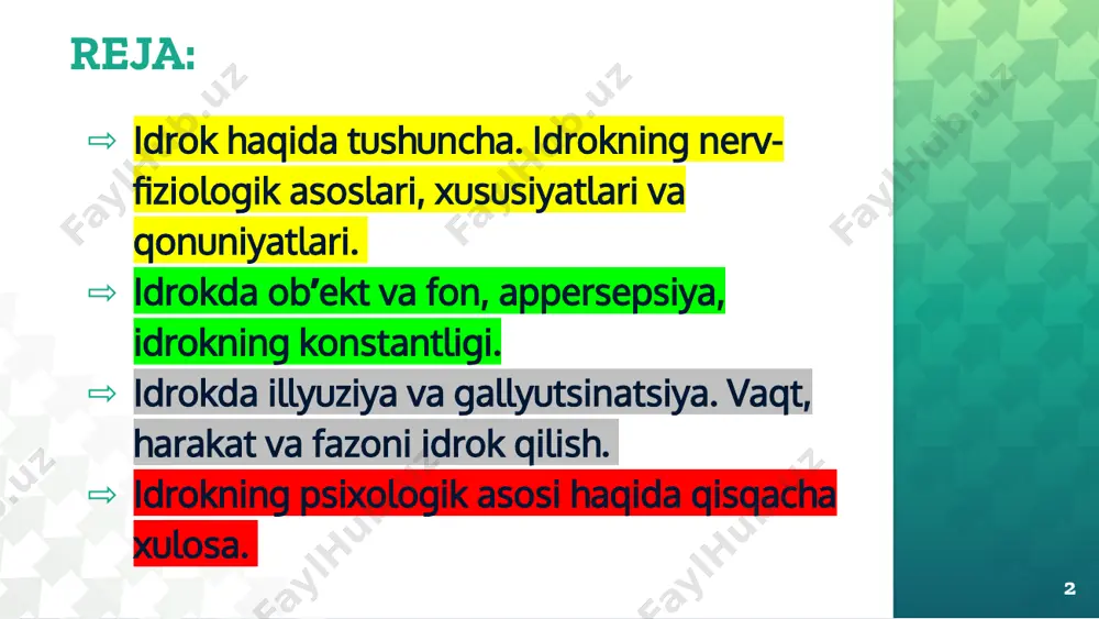 ilish idroki ta’m bilish idroki harkat idroki 10 faolligiga ko’ra idrok turlari: ixtiyorsiz: ixtiyoriy: 11 ixtiyorsiz idrok ixtiyorsiz idrokda narsalar odamning ongida avvaldan maqsad qo’yilmagan xolda aks ettiriladi. odatda narsa va xodisalarning tashqi xususiyatlari, kishining xis-tuygulariga ta’sir etishi ixtiyorsiz idrokni vujudga keltiradi. 12 ixtiyoriy idrok odatda narsa va xodisalarning tashqi xususiyatlari, kishining xis-tuygulariga ta’sir etishi ixtiyoriy idrokni vujudga keltiradi. ixtiyoriy idrokda odam o’z oldiga muayyan maqsad, vazifa qo’ygan bo’ladi. ixtiyoriy idrokda odam shunchaki eshitmaydi balki tinglaydi, shunchaki ko’zdan kechirmaydi, balki sinchiklab ko’radi. ixtiyoriy idrok ko’p xollarda biror faoliyatning tarkibiga kirgan bo’ladi. 13 kuzatish ixtiyoriy idrokning turlaridan biri xisoblanadi. kuzatish maqsadga qaratilgan, uyushgan, ozmi-kupmi kupirok vaqt davom etadigan idrokdir. kuzatishda, odatda, kishi uz oldiga maqsad kuyadi: biron-bir ob’yekt, xodisa yuz beruvchi uzgarishlarni kuzatadi. tevarak olamdagi narsalarni idrok qilish bilan birga, biz ularning fazoviy xususiyatlarini – shakli, katta-kichikligi, o’zaro bir-biridan va bizdan kanchalik uzoq-yaqinligini xam idrok qilamiz. xodisalarni idrok qilarmiz, biz ularning …