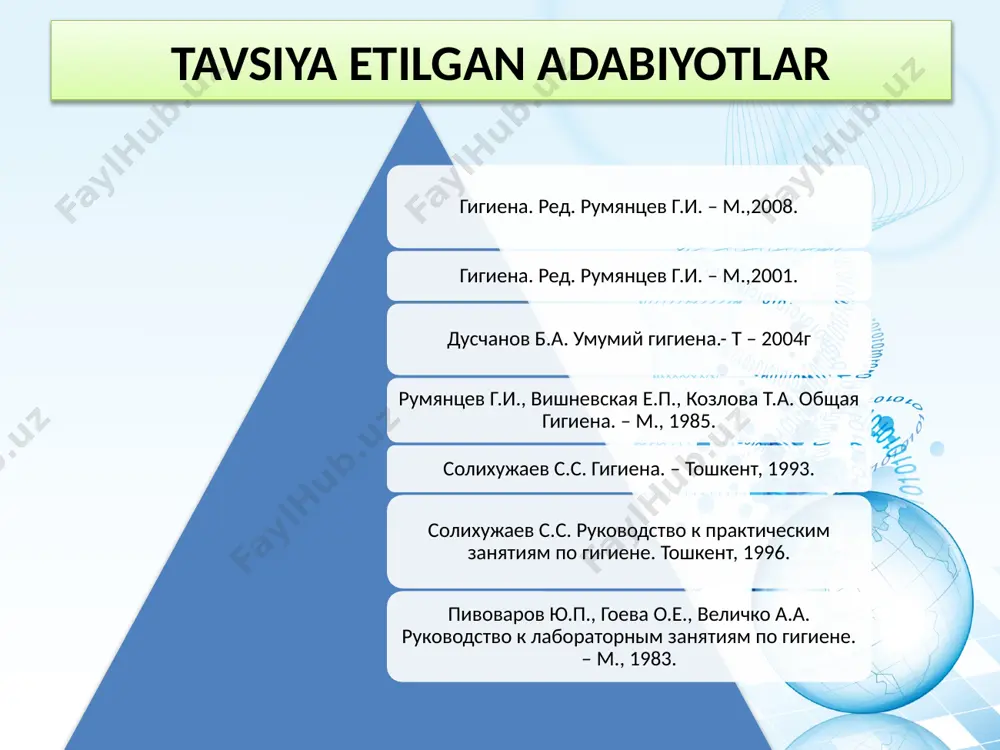 ayrim hollarda surunkali ko’rinishda bo’lib, sanitariya nuqtai-nazardan sifatsiz, ya’ni ayrim turdagi mikroorganizmlar yoki ularning ishlab chiqargan toksinlar, yoki boshqa tabiatga ega bo’lgan kimyoviy moddalar bilan zararlangan ovqat mahsulotlarini iste’mol qilish natijasida kelib chiqadi. ovqatdan zaharlanishlar asosan ommaviy harakterga ega, ba’zi hollarda sporadik holatlarda uchraydi. ovqatdan zaharlanishlarni tasniflash asosida ularning etiologik va patogenetik printsipi yotadi. guruh guruhcha asosiy uzatish omillari asosiy profilaktik chora-tad- birlar i.mikrobga oid 1.toksikoinfek-tsiyalar go’sht,submahsulotlar, parranda mah- sulotlari, sut chorvachilikda veterinariya nazo- ratini o’tkazish, mollarni so’yish-dan tortib toki tayyor mahsulot holiga keltirishdagi barcha bos-qichlardan qat’iy nazar sanitariya nazoratini o’tkazish, mahsulotlar- ni saqlash, tashish, ovqat tayyorlash, tayyor ovqatlarni tarqatish, mahsu- lotlarga yetarlicha termik ishlov berish 2.intoksikatsiya botulizm konservalangan mahsulotlar, sur-langan va dudlan-gan baliq va go’sht mahsulotlari mahsulotlarni konservalashdan oldin to’g’ri ishlovdan o’tkazish, kislotali muhit yoki sho’r muhitni yaratish, ist’emoldan puxta termik ishlovdan o’tkazish 3.stafilokokk- li intoksika-tsiya go’sht, sut va sut mahsulotlari, kon-diter mahsulot- lari yog’li baliq konservalari tashuvchilarni sanatsiya …