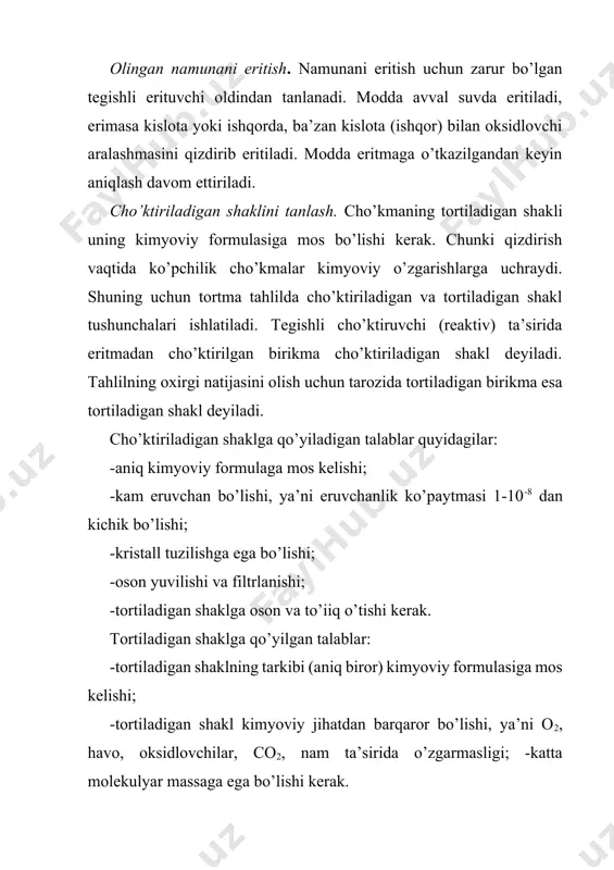 tenglamasidagi stexiometrik koeffitsiyentlar. cho’ktirish sharoitini tanlash. to’la cho’ktirishga ta’sir qiluvchi omillar: -eritmaning ph, [h+], [oh-]; -harorat; -begona ionlarning bor yoki yo’qligi. sharoitga qarab: kristall yoki amorf cho’kma hosil qilish mumkin. kristall cho’kmani cho’ktirishning shart-sharoitlari: -cho’ktirish suyultirilgan eritmalarda olib borilishi kerak, bunda yirik kristallar hosil bo’ladi; -cho’ktiruvchi eritmani tomchilatib qo’shish va doimo aralashtirib turish kerak, aks holda mayda kristallar hosil bo’ladi; -cho’ktirish issiq eritmalarda olib borilishi shart. qizdirilganda mayda kristallar eriydi va yirik kristallar hosil bo’lishi osonlashadi. kristall cho’kmalar eritmadan oson ajratiladi (filtrlanadi), yuviladi va juda toza bo’ladi. amorf cho’kmalarni cho’ktirish shart-sharoitlari: -cho’ktirishda aniqlanayotgan modda cho’ktiruvchining qaynoq eritmasi yordamida cho’ktiriladi; -cho’ktiruvchi eritmasidan tez-tez qo’shib eritma doimo aralashtirib turiladi. bunda hajmi katta amorf tuzilishli cho’kma hosil bo’ladi; -cho’ktirish koagulatorlar (nh4c1, kislotalar ...) ishtirokida olib boriladi, bunda cho’kma hosil bo’lishi tezlashadi. -cho’ktirishda konsentrlangan eritmalar qo’llaniladi. qattiq faza (cho’kma) sirtida ionlarning yutilishi adsorbsiya deyiladi. adsorbsiya hamma cho’kmalar uchun, ayniqsa, sirti katta bo’lgan amorf cho’kmalar …