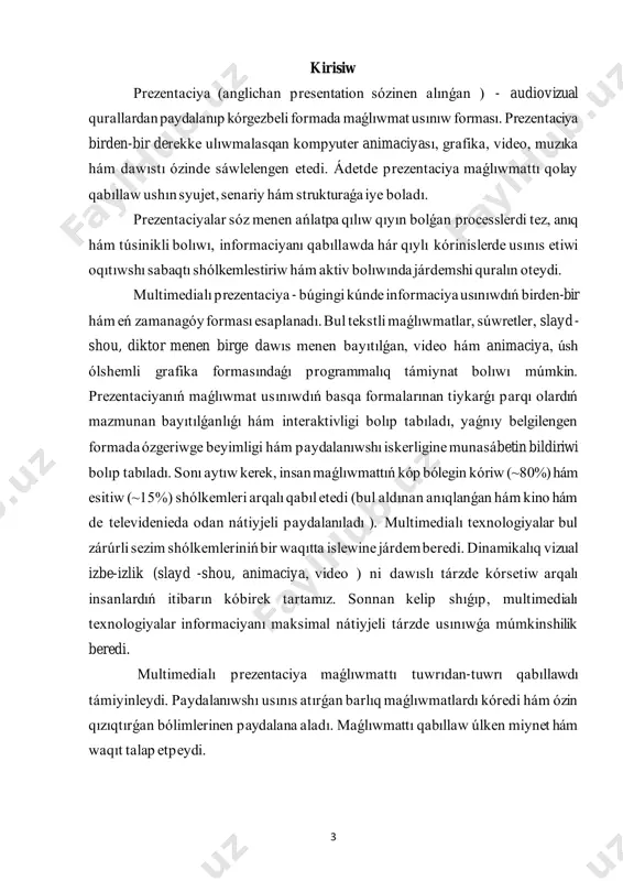 elgileri, qısqatırıw hám tekstti kirgiziw qaǵıydalarına ámel qılıw ; maǵlıwmatlardı usınıwda anıq hám isenimli faktlarga tiykarlanǵan bolıwı jáne bul boyınsha qátelerge jol qoymaw ; slayd daǵı tekstti qısqa hám anıq bolıwı ; 5 slaydtaǵı hár bir tekstli maǵlıwmat bólegi mazmunı logikalıq jaqtan pıtken bolıwı ; teks qısqalıǵı hám teksttiń informatciyası joqarılıǵı ; maǵlıwmattıń slaydta jaylasıwı (maǵlıwmatlardıń gorizatal jaylasıwı abzal bolıp tabıladı, maǵlıwmatlardıń zárúrli bólegi slayddıń orta bóleginde jaylasıwı zárúrli; eger slaydta súwret bolsa ol jaǵdayda tekst onıń tómengi bóleginde jaylasıw maqul boladı, tekst shet bólimlerin tegislew zárúr ) maǵlıwmattı tartıwshı hám ózgeshe bolıwı oqıwshı itibarın tartadı. dizayndagi talaplar : prezentaciyalar ushın birden-bir dezayndı qollaw ; prezentaciyanıń bezew usılı (grafik, dawıs, animasiya) prezentaciya mazmunına uyqas bolıwı. slayd fonın bezewde psixologiyalıq tárepten dástúr hám qolay bolıwın támiyinlew; slayd fonı arqada jaylasqan bolıwı kerek: slaydta jaylasqan maǵlıwmattı ajıratıp, ayqın hám bólek kórsetiwi, onı tosıp qoymawı zárúr ; bir slaydta úshewden artıq reńlerden paydalanmaslıq …