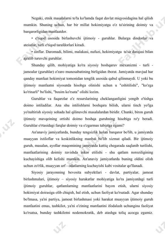 lish uchun zo'rlik, muayyan urf - odatlarning kuchayishi kabi vositalar qo'llanadi. siyosiy jarayonning bevosita subyektlari - davlat, partiyalar, jamoat birlashmalari, ijtimoiy – siyosiy harakatlar mohiyatiga ko'ra jamiyatdagi turli ijtimoiy guruhlar, qatlamlarning manfaatlarini bayon etish, ularni siyosiy hokimiyat doirasiga olib chiqish, hal etish, uchun faoliyat ko'rsatadi. agar shunday bo'lmasa, ya'ni partiya, jamoat birlashmasi yoki harakat muayyan ijtimoiy guruh manfaatini emas, tashkilot, ya'ni o'zining manfaatini ifodalash uchungina faoliyat ko'rsatsa, bunday tashkilotni nodemokratik, deb atashga toliq acocga egamiz. yuqorida aytib o'tilgan manfaatlarni bayon etish vazifasi "vakolat", "vakolatlilik", "vakolat tizimi" tushunchalari bilan chambar chas bog'liq. ijtimoiy vakolat g'oyasi va tamoyillari "vakil" tushunchasi juda ko'p ma'nolarda ishlatiladi. masalan, muayyan bir shaxs to'g'risida o'z millati, kasbi, ijtimoiy guruhi v.h.ning "tipik vakili" biror mamlakat vakili, davlat rahbari vakili, u yoki bu savdo kompaniyasining vakili deyiladi: siyosiy so'zlashuvda "vakil", "vakolatlilik" deyilganda biror guruh, partiyalarning muayyan bir shaxsga, tashkilotga, idoraga o'z manfaatlarini hokimiyat tarkibida himoya qilish uchun vakolatlarning berilishi …