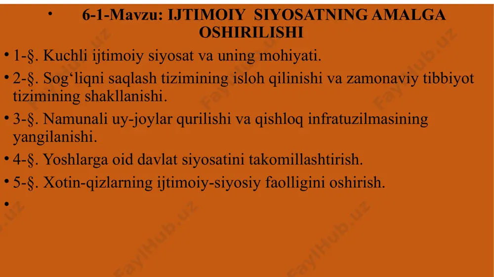 mdir. mazkur prinsip ijrosi o‘laroq, mamlakatimizda amalga oshirilayotgan insonparvar siyosat odamlar hayotiga yangicha mazmun baxsh etmoqda. 2017 - 2020-yillarda shaharlarda 945 ta ko‘p qavatli turarjoy qurilishi bo‘yicha dastur qabul qilingan. kam ta’minlangan oilalar uchun toshkent shahri, qoraqalpog‘iston respublikasi, viloyatlar markazlarida va yirik shaharlarda 50 mingga yaqin kvartirali, arzon, ko‘p qavatli uylar barpo qilinadi. xususan, 2017-yilda xuddi shunday ko‘pkvartirali, umumiy maydoni 800 ming kvadrat metrdan ortiq bo‘lgan uylar qurilib, aholiga topshirildi. faqatgina toshkent shahrining o‘zida 420 ming kvadrat metrli uy-joy foydalanishga topshirilgani boshlangan ishlarning ko‘lamini ko‘rsatadi. 1-§. kuchli ijtimoiy siyosat va uning nitajalari. ayniqsa, qishloq aholi punktlarida vodoprovod tarmoqlarini kengaytirish va modernizatsiya qilish dasturini amalga oshirish dolzarb muammolardan biri bo‘lib turibdi. bugun maxsus dastur doirasida 9 ming kilometr vodoprovod tarmoqlari, 1400 quduq va 3600 suv inshootini qurish va rekonstruksiya qilish ishlari olib borilayapti. bu qoraqalpog‘iston respublikasi, andijon, jizzax, navoiy, sirdaryo, samarqand, toshkent va xorazm viloyatlaridagi 3,2 million aholini qo‘shimcha toza ichimlik …
