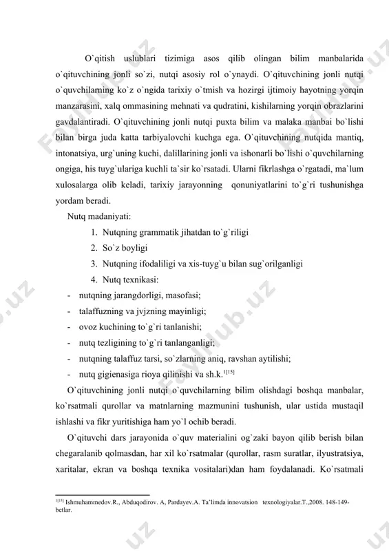 eng ishonchli yordamchisi bo`lib xizmat qilsada, ular o`quvchilarga beriladigan ta`lim-tarbiyaning asosiy manbai bo`lgan jonli so`z o`rnini bosa olmaydi. oquvchilar ekranda tasvirlangan voqea yoki xaritani jonli so`z yordamida tushunib oladilar. hattoki teledarsning mazmunini ham o`qituvchi o`z jonli so`zi yordamida izoxlab beradi. o`qituvchi dars jarayonida o`quvchilarning o`quv materiallarini puxta o`zlashtirib olishni ta`minlashga yordam beradigan har xil matnlar, darsliklar, o`quv qo`llanmalari, o`zbekiston respublikasi prezidenti i.a. karimovning asarlari, vaqtli matbuot va boshqalardan foydalanishi lozim. ularning mazmunini bayon qilib beradi, izoxlaydi, taxlil etadi va tegishli xulosalar chiqaradi. har bir dars va darsdan tashqari mashg`ulotlarda o`qituvchi o`quvchilarning bilim olishining barcha manbalaridan foydalanishini taqozo etadi. o`qituvchi o`quvchilarga ma`lum ko`rsatmali qurol va har xil matnlar ustida mustaqil ishlashni topshirishdan oldin ularning mazmunini tushuntirib beradi va mustaqil ish usullarini ko`rsatadi. o`quvchilar mustaqil ishlashi, fikrlash qobiliyatini o`stiruvchi, ularning aqli va qalbiga yo`l ochuvchi jonli so`z qanday didaktik talablarga javob berish kerak? jonli nutqni keng ma`noda tushunmoq kerak. jonli nutq deganda …