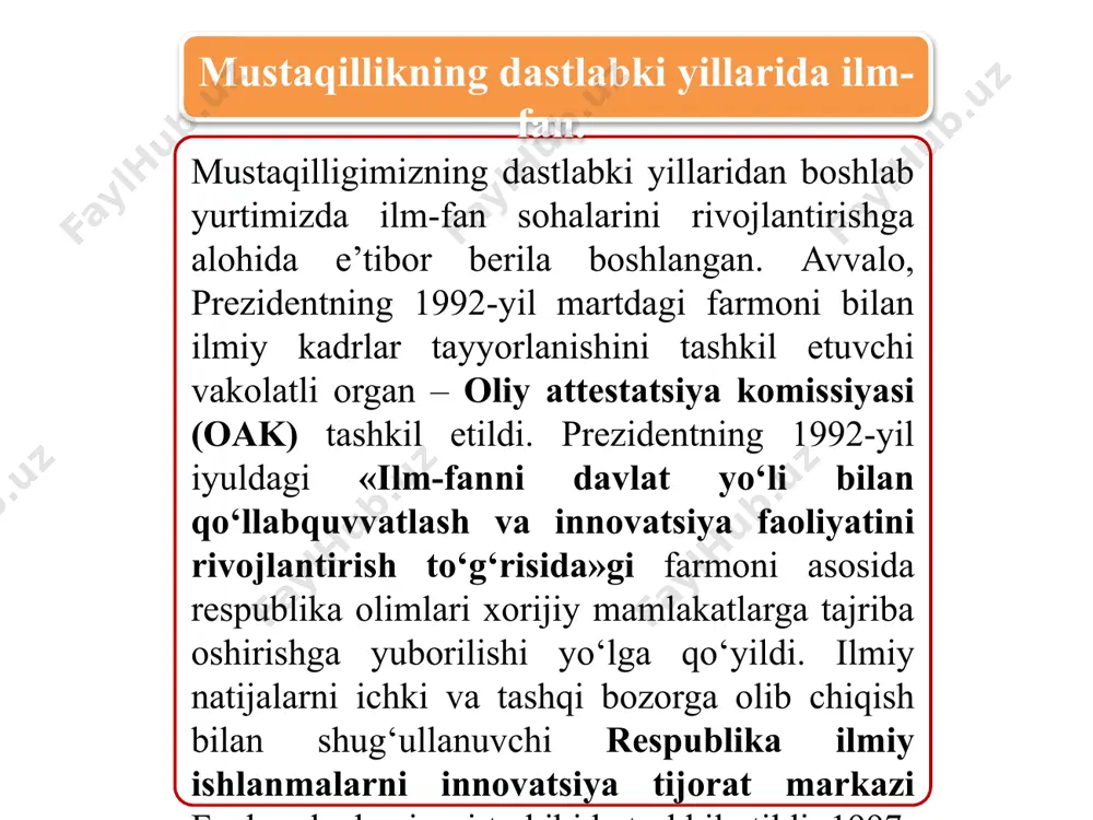 ladan, 2011-yili fanlar akademiyasining fizika-texnika institutida «qayta tiklanadigan energiya manbalari» ilmiy-o‘quv markazi, 2012-yili immunologiya institutida «biotibbiyot» ilmiy-ta’lim innovatsion markazi ish boshladi. o‘zbekiston respublikasi prezidentining 2012-yildagi «oliy malakali ilmiy va ilmiy-pedagog kadrlar tayyorlash va attestatsiyadan o‘tkazish tizimini yanada takomillashtirish to‘g‘risida»gi farmoniga muvofiq 2013- yilning 1-yanvaridan boshlab dissertatsiya himoya qilish va fan doktori ilmiy darajasini berish bo‘yicha oliy o‘quv yurtidan keyingi ta’limning bir bosqichli tizimi joriy qilindi. lekin bu tizim mavjud xalqaro ilm-fan standartlariga to‘la mos kelmaganligi, respublikadagi mavjud ilmiy salohiyatning tushib ketganligi sababli, 2017-yil fevraldan shavkat mirziyoyev tashabbusi bilan xalqaro standartlariga mos keluvchi, falsafa doktori va fan doktori darajalarini beruvchi ikki bosqichli tizimga o‘tildi. o’zbekiston tarixi 8 2016-yildan o‘zbekiston ilm-fanida tom ma’noda tub islohotlar davri boshlandi. o‘zbekiston respublikasi prezidenti shavkat mirziyoyev 2016-yil 30-dekabr kuni ilk bor mamlakatimizning yetakchi ilm-fan namoyandalari bilan uchrashdi. uchrashuv natijalariga ko‘ra, o‘zbekistonda ilm-fanga e’tibor yanada kuchayishi belgilandi. prezidentning 2017-yil 17-fevraldagi «fanlar akademiyasi faoliyati, ilmiytadqiqot ishlarini tashkil etish, …