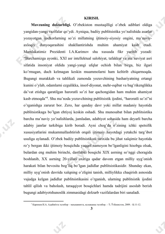 hini ham o’rganishni talab etadi va bu ikki chashmaning o’zaro qorishiq bo’lganligini ko’rsatib beradi. mavzuning o’rganilish dolzarbligi yana shundan iboratki, jadidlar publitsistikasini tadqiq etish bevosita jurnalistikaning kelib chiqishini o’rganish bilan birgalikda, publitsistikaga yondash holda, bir-biridan quvvat olib shakllana borayotgan jadid adabiyotining, o’zbek adabiyotining vujudga kelishini ham o’rganishni talab etadi va bu ikki chashmaning o’zaro qorishiq bo’lganligini ko’rsatib beradi. shunisi e’tiborliki, o’sha davr publitsistikasi bizga tarixni, bu jarayonda o’sha davr siyosati, madaniyati, ma’rifati, diniy va dunyoviy qarashlarini o’rganishda muhim manba hisoblanadi. shunday ekan, jadidlar publitsistikasini keng miqyosda tadqiq etish va uni mukammal o’rganish bugungi kunning dolzarb ahamiyatga ega bo’lgan muammolaridan, kerak bo’lsa, muhim vazifalaridan biridir. bitiruv-malakaviy ishining maqsadi. asosiy maqsad jadidlar publitsistikasining yuzaga kelishi, rivojlanish tamoyillarini belgilash hamda mazkur publitsistikaning badiiy adabiyotga, shu qatorda, xalq milliy tafakkurining shakllanishi, millatning o’zligini anglashga bo’lgan ta’sirini o’rganish, publitsistikaning badiiy qurol tarzida ijtimoiy, adabiy-estetik tafakkur taraqqiyotida tutgan o’rnini ko’rsatib berishdir. bitiruv-malakaviy ishining vazifalari. · ishning …
