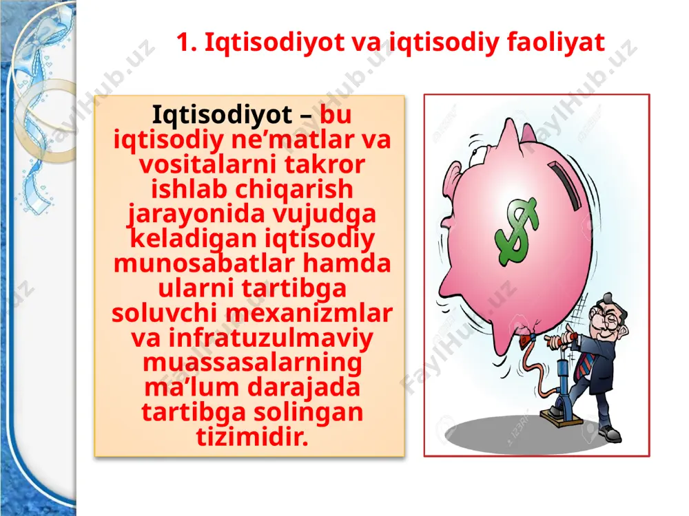 ifodalash mumkin. bir qator beqarorliklarga qaramasdan, rivojlangan mamlakatlarda ishlab chiqarish ham, ehtiyojlar ham o‘sib boradi. abraham maslou (1908-1970yy) maslou piramidasi fiziologik xavfsizlik ijtimoiy hurmat o’z-o’zini anglash o’z-o’zini anglash odamlarning atiga 2% da kuzatiladi nonga bo’lgan ehtiyoj faqatgina non bo’lmagandagina paydo bo’ladi 3. iqtisodiy bilimlarning vujudga kelishi va iqtisodiy fanlarning shakllanishi ming yillar osha bizga yetib kelgan qur’oni karimni, hadislarni, qobusnomani, bobokalonlarimiz abu ali ibn sino, abu nosir forobiy, abu rayxon beruniy, alisher navoiy, mirzo ulug‘bek asarlarida insonning yashashi uchun tabiat ehsonlari yetarli emasligi, shuning uchun ularni yaratish maqsadida mehnat qilish lozimligi boz-boz uqtirilgan. abu ali ibn sino «kapital» kategoriyasiga yondashuvlarning dastlabki manbalarini abu ali ibn sino (980-1037)ning asarlarida ko‘rish mumkin. u hayotning to‘qqizta omili: yer, havo, olov, insonning asab tizimi, «hayot sharbati», tana qismlari, qalb, kuch, aqliy faoliyatni ajratib ko‘rsatgan. bu o‘rinda ham iqtisodiy ham jismoniyham ruhiy ham axloqiy tavsiflar ajoyib tarzda birlashtirilgan alisher navoiy alisher navoiyning iqtisodiy masalalarga oid …